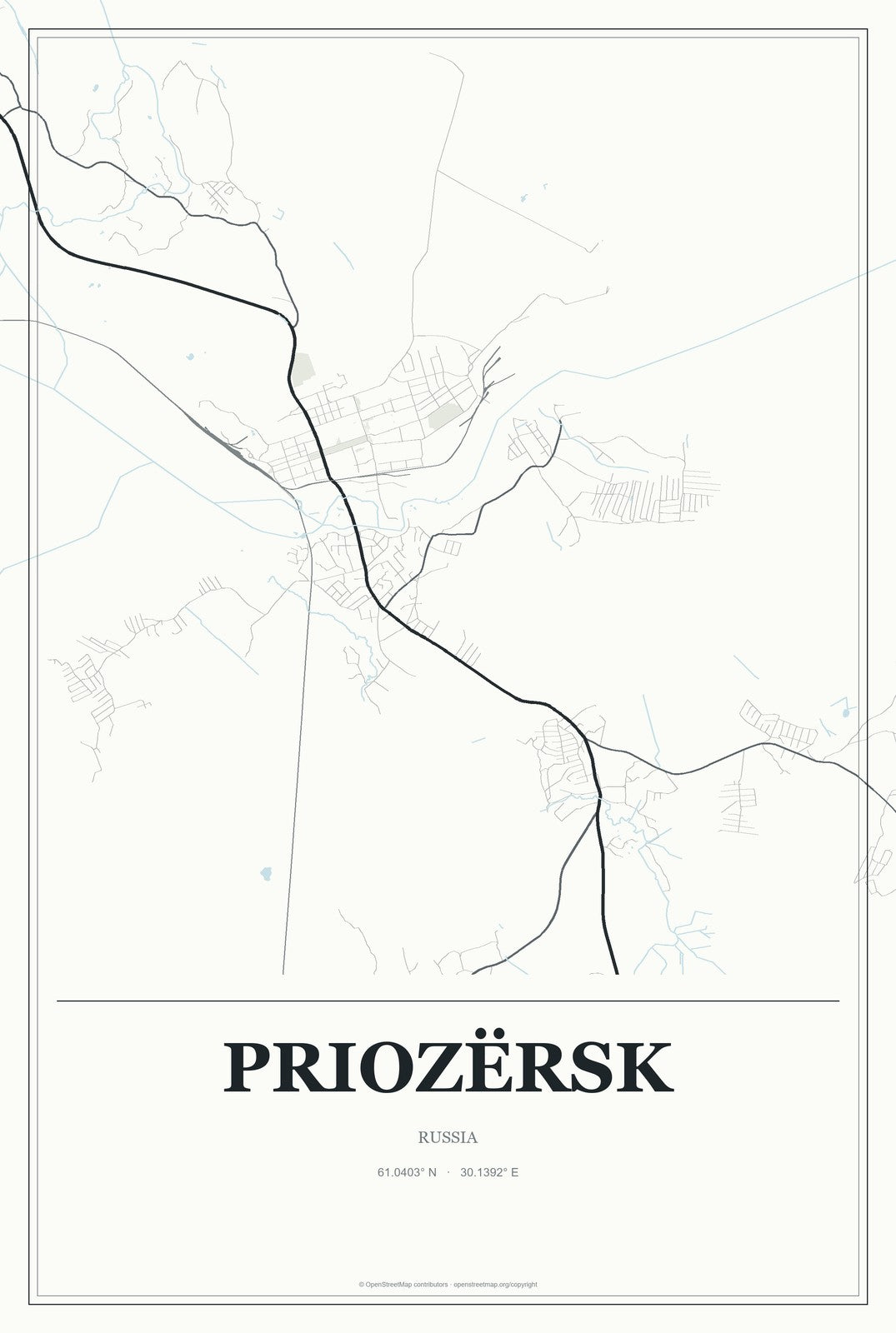 Priozërsk, Russia City Map Aluminum Sign in Gallery Air style