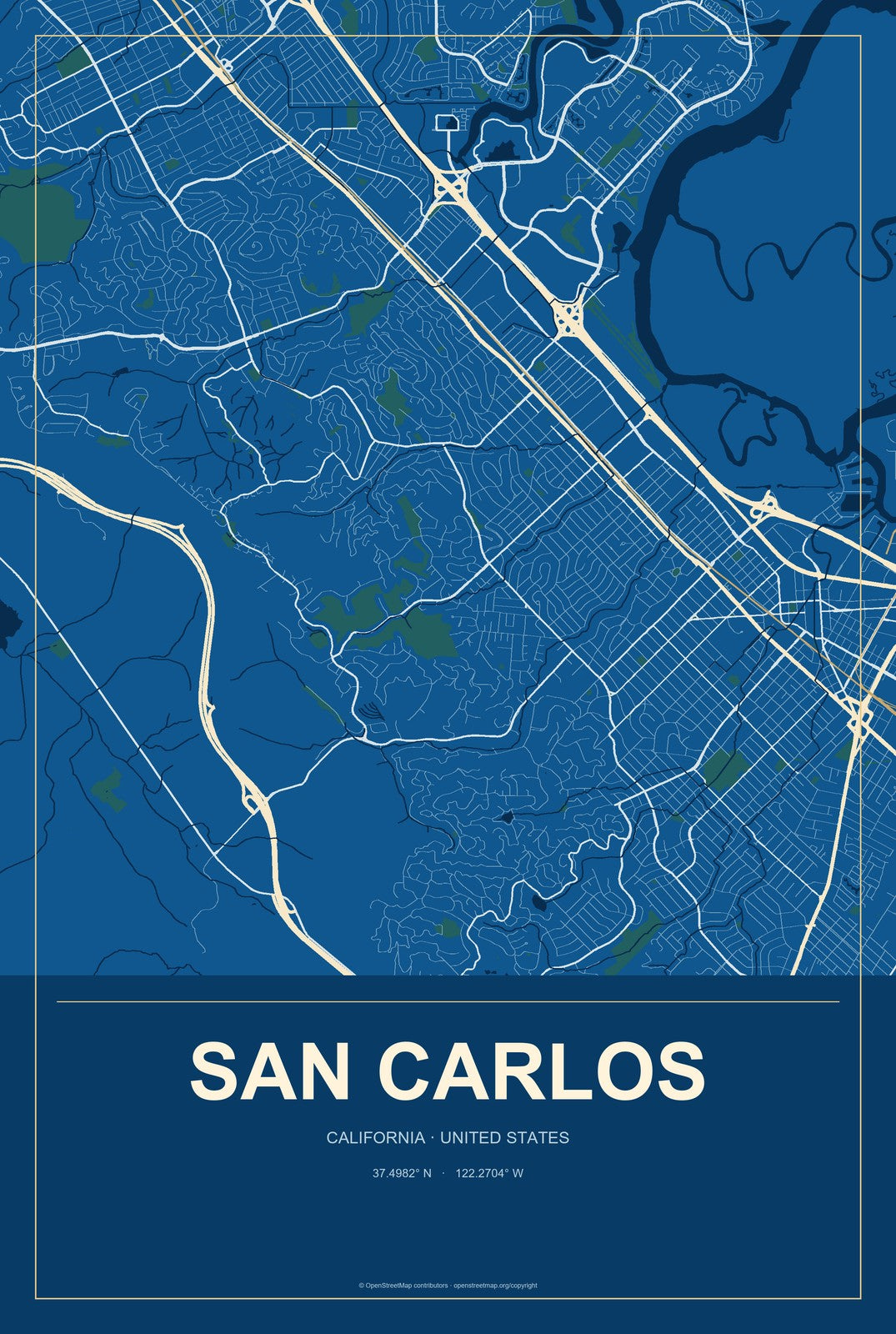 San Carlos, California City Map Aluminum Sign in Harbor Cobalt style