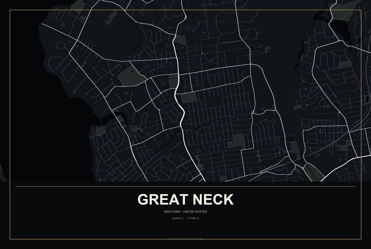 Great Neck, New York City Map Aluminum Sign in Metropolitan Noir style