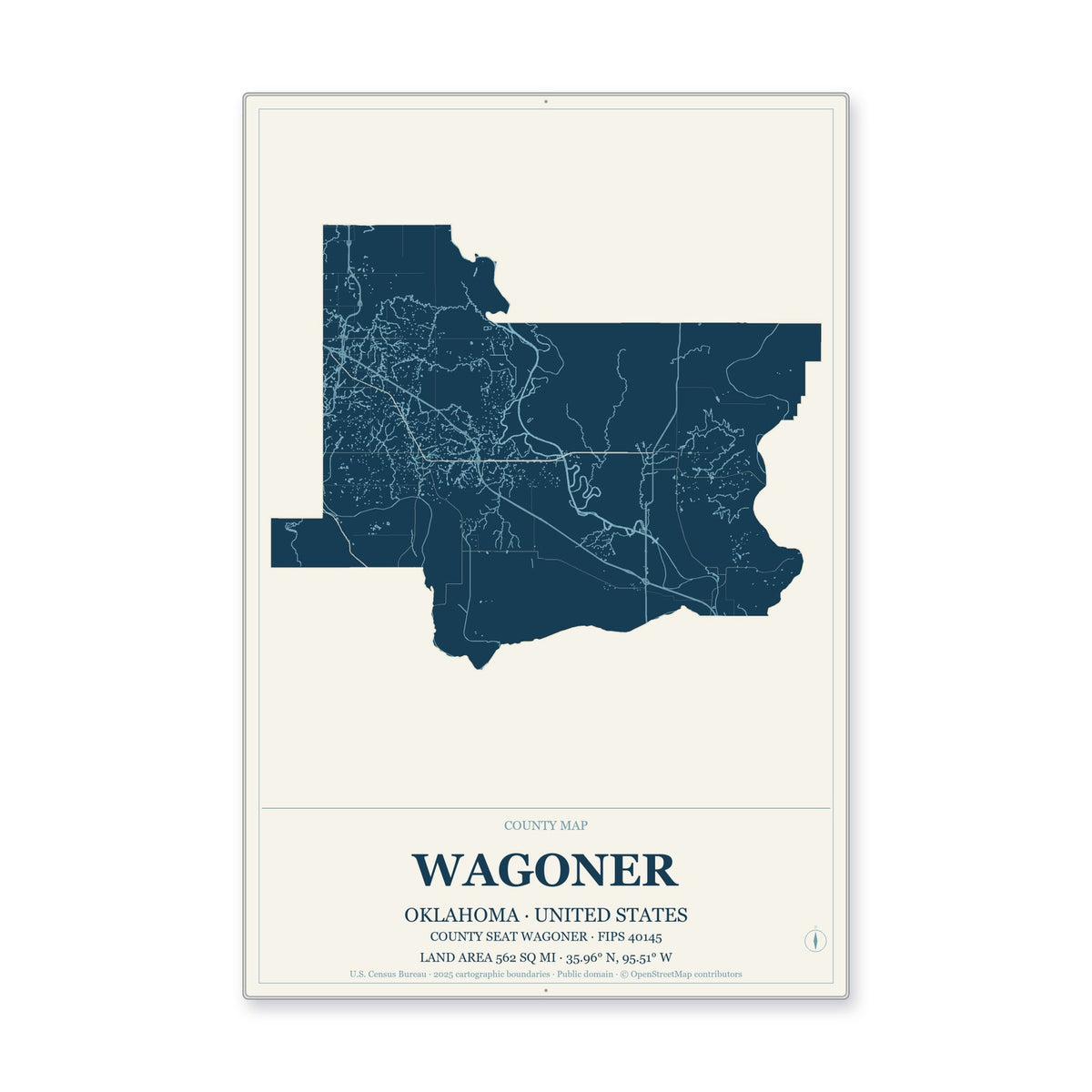 Wagoner County, Oklahoma Map Aluminum Sign in Coastal Cutout style