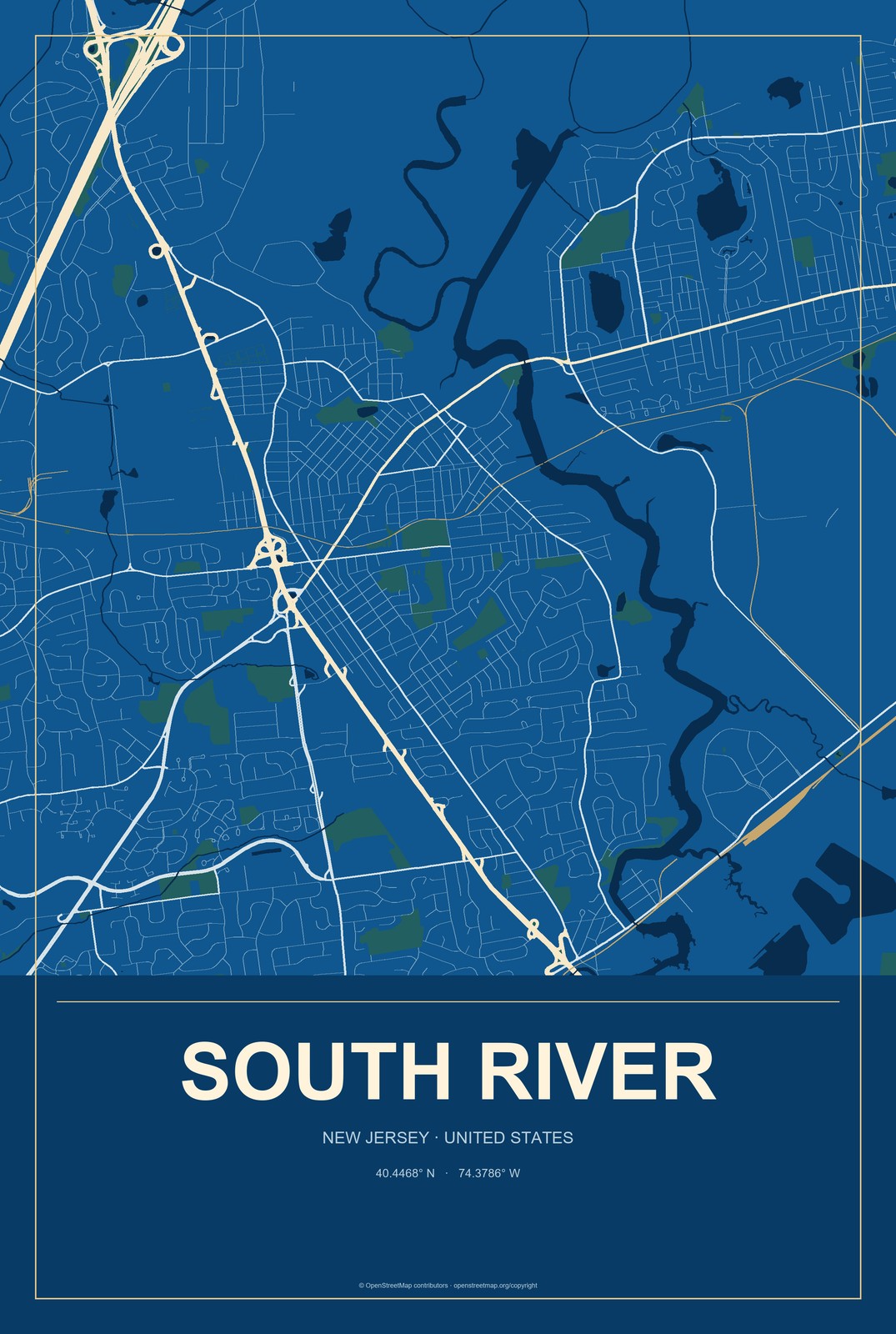 South River, New Jersey City Map Aluminum Sign in Harbor Cobalt style