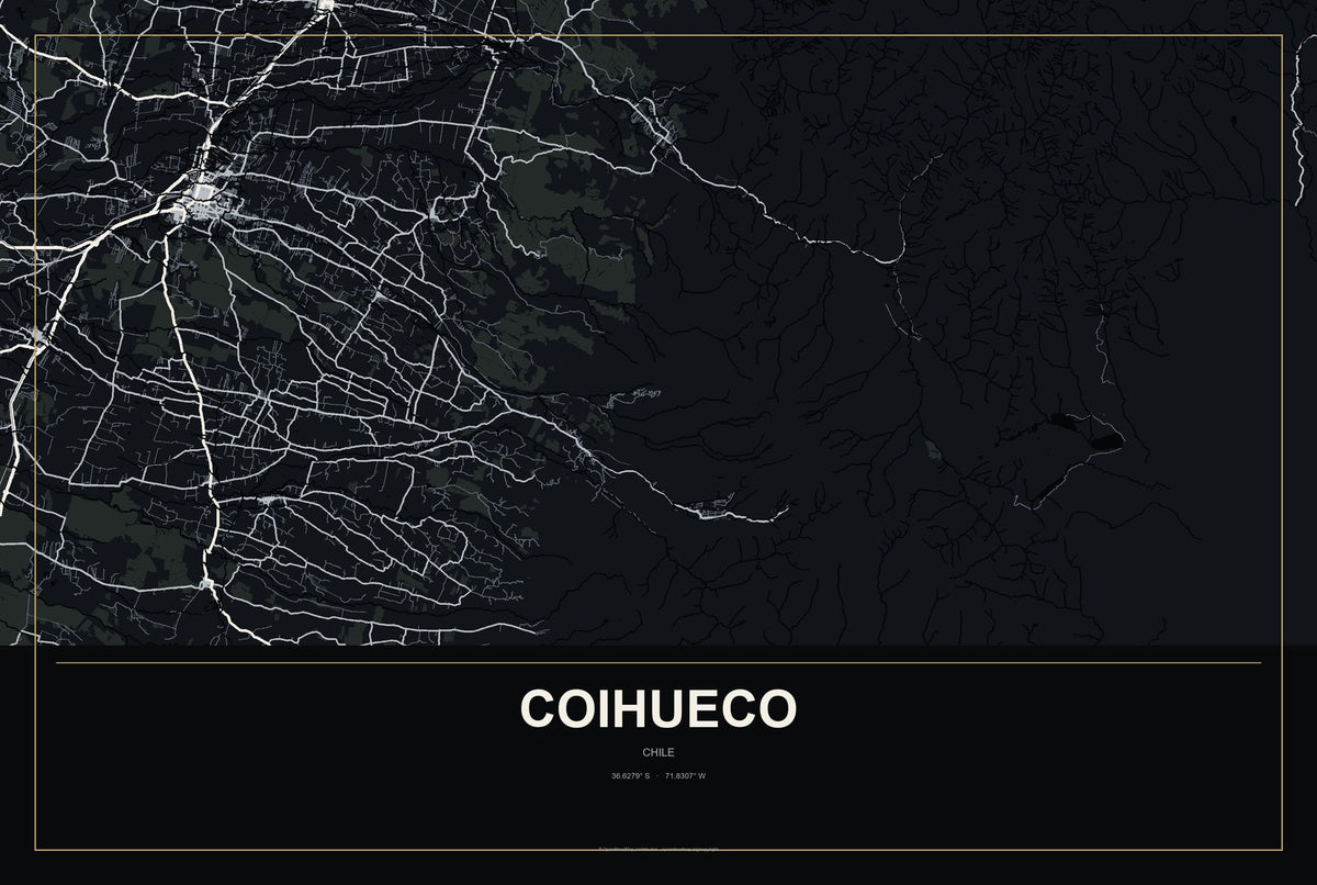 Coihueco, Chile City Map Aluminum Sign in Metropolitan Noir style