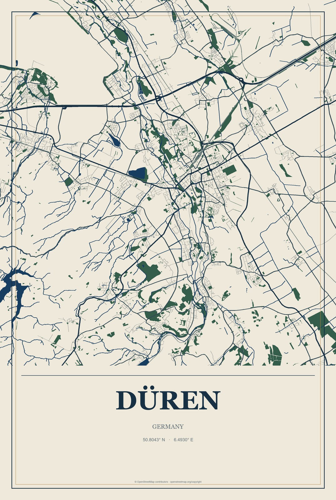 Düren, Germany City Map Aluminum Sign in Coastal Cutout style
