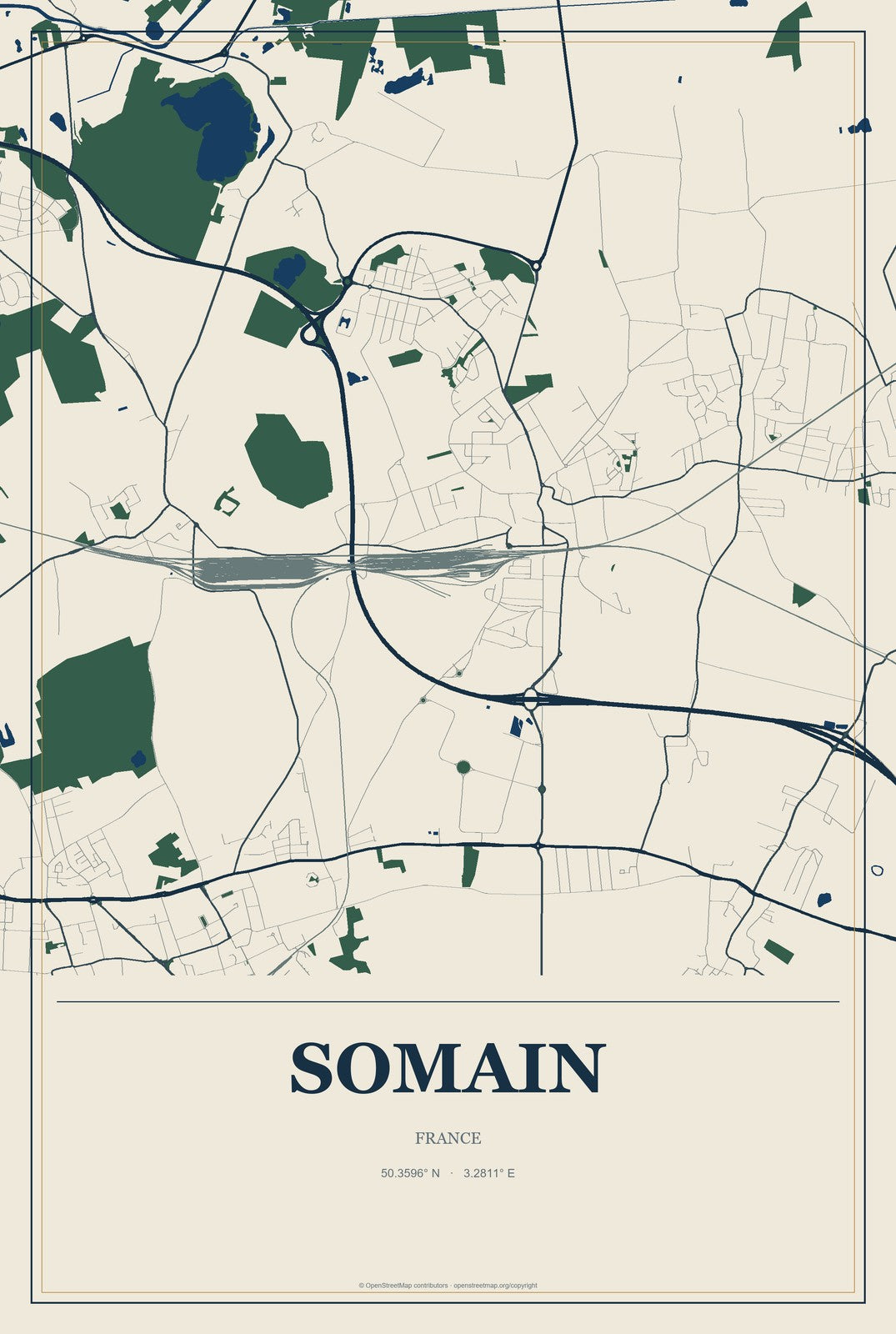 Somain, France City Map Aluminum Sign in Coastal Cutout style