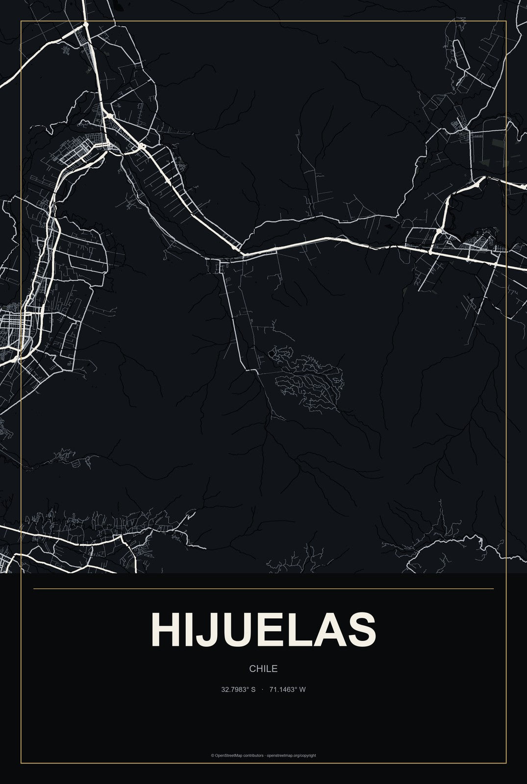 Hijuelas, Chile City Map Aluminum Sign in Metropolitan Noir style