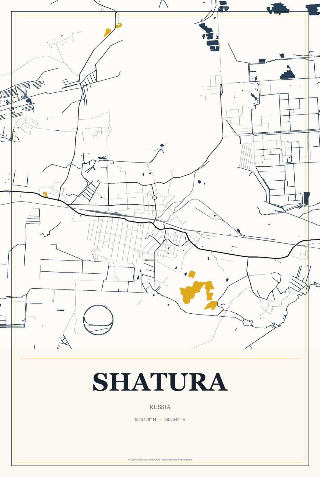 Shatura, Russia City Map Aluminum Sign in Citrine Modern style