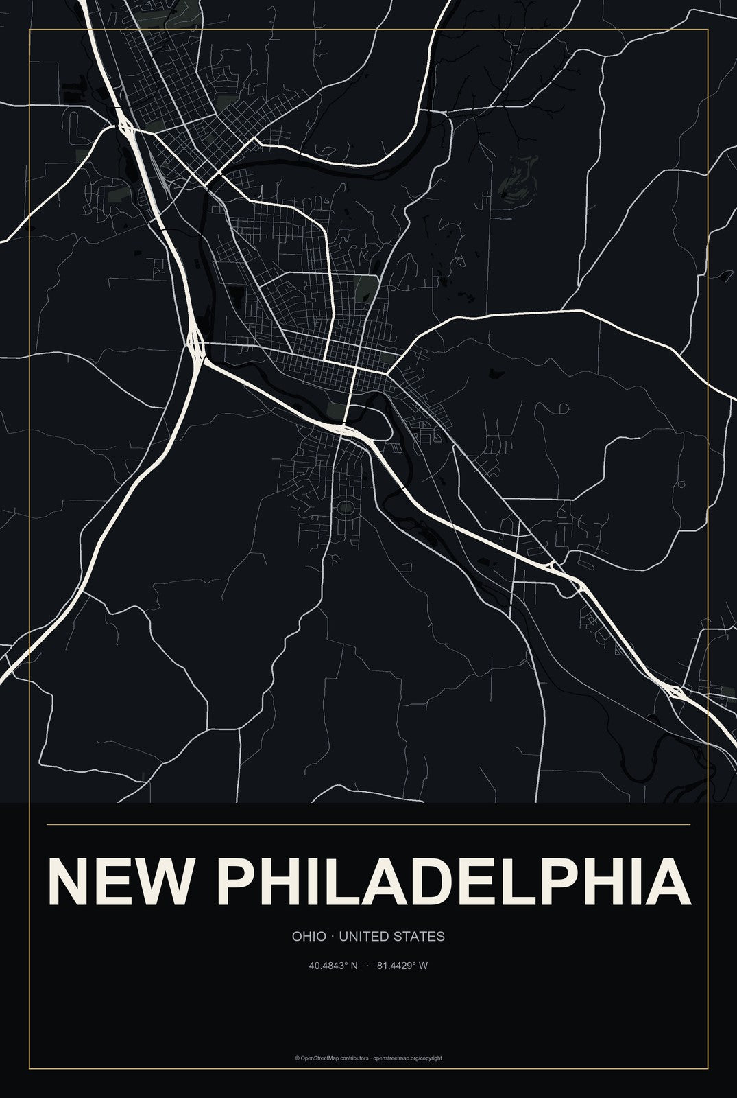 New Philadelphia, Ohio City Map Aluminum Sign in Metropolitan Noir style
