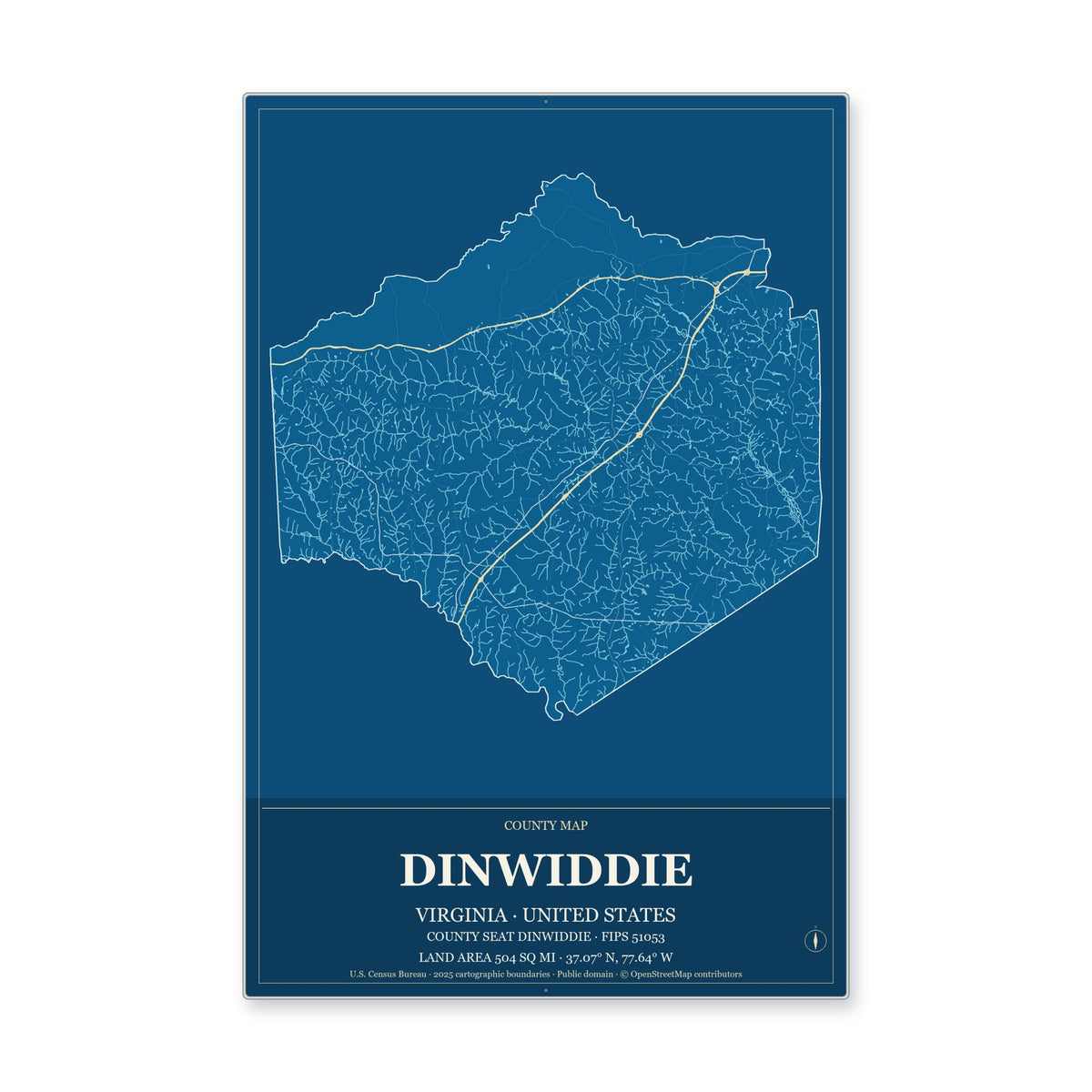 Dinwiddie County, Virginia Map Aluminum Sign in Harbor Cobalt style