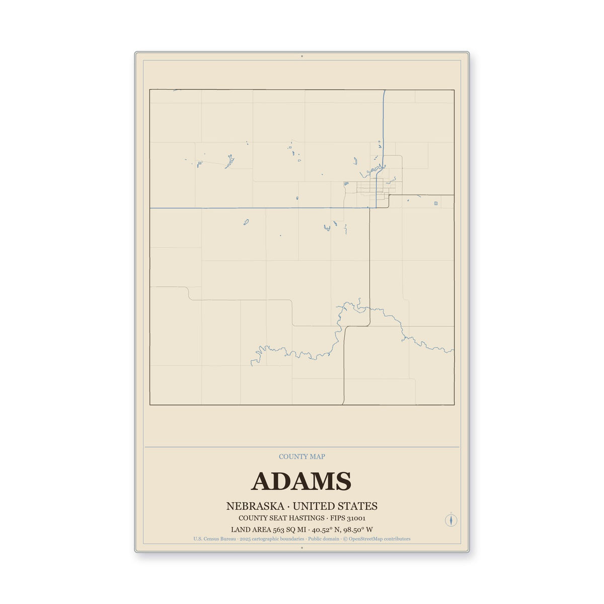 Adams County, Nebraska Map Aluminum Sign in Heritage Nautical style