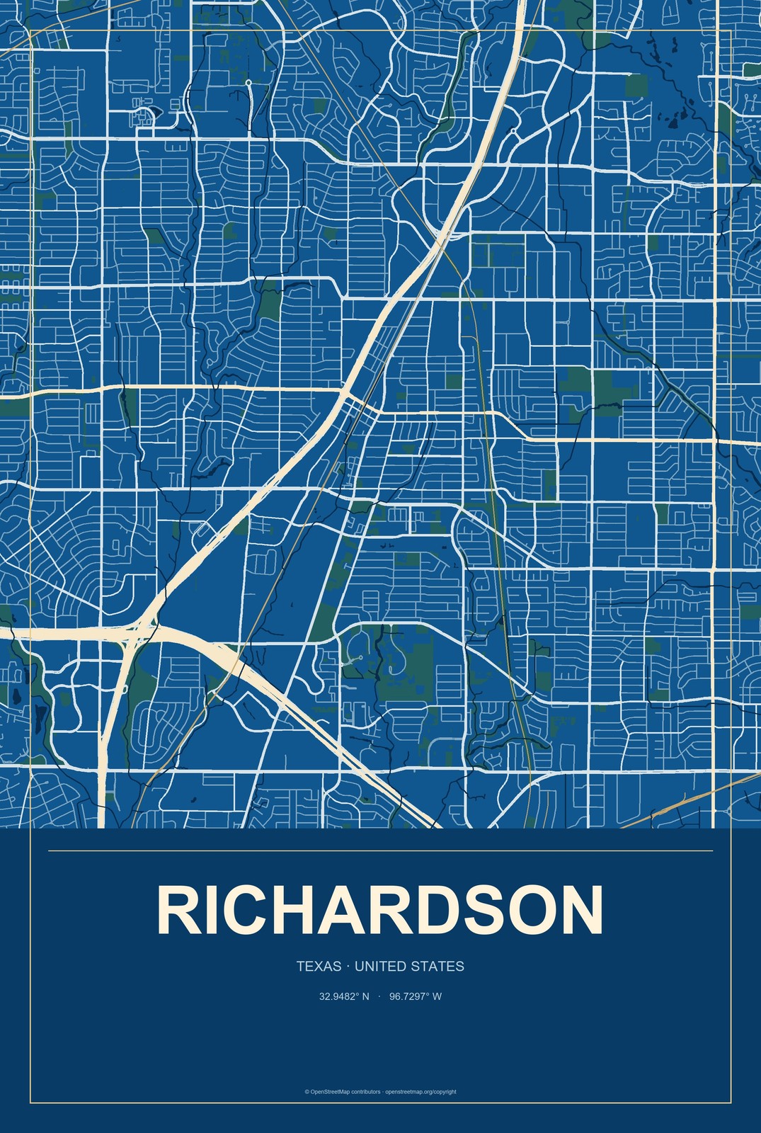 Richardson, Texas City Map Aluminum Sign in Harbor Cobalt style
