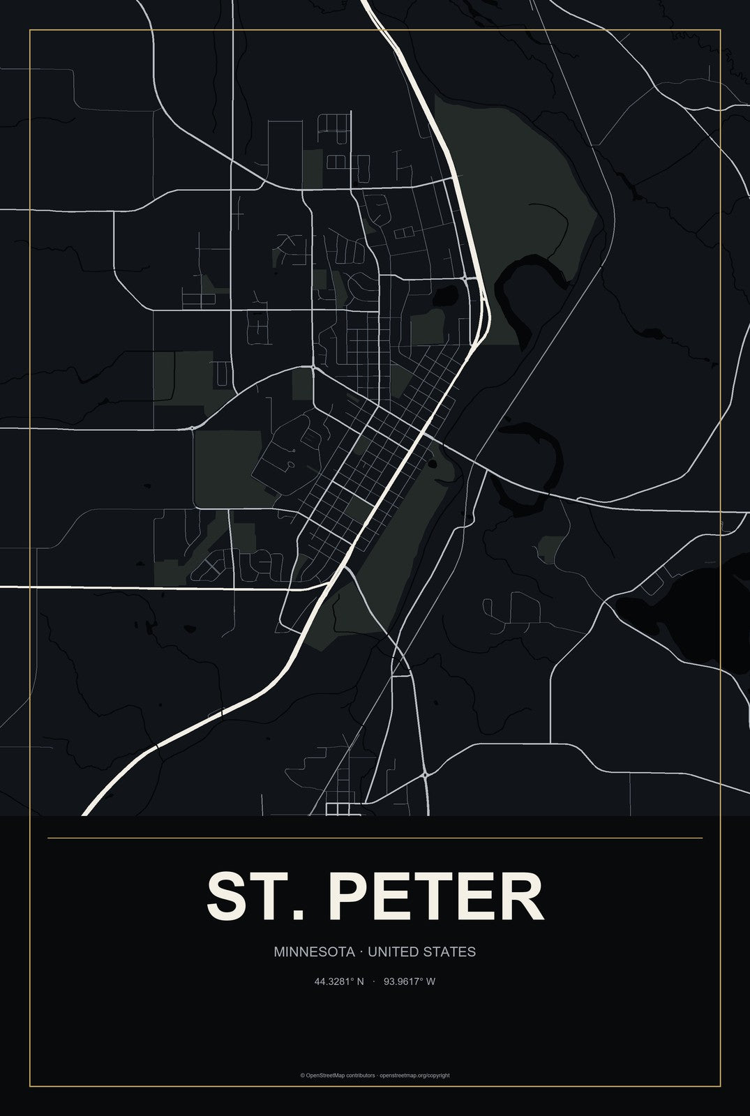 St. Peter, Minnesota City Map Aluminum Sign in Metropolitan Noir style