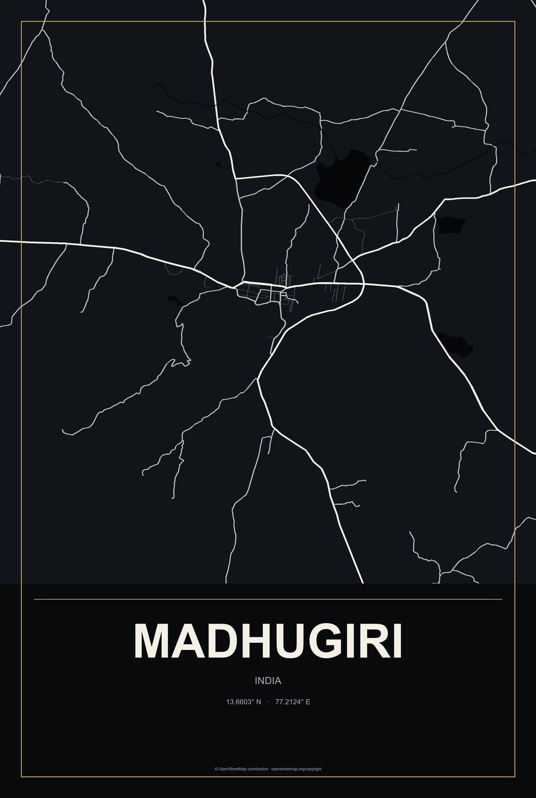 Madhugiri, India City Map Aluminum Sign in Metropolitan Noir style