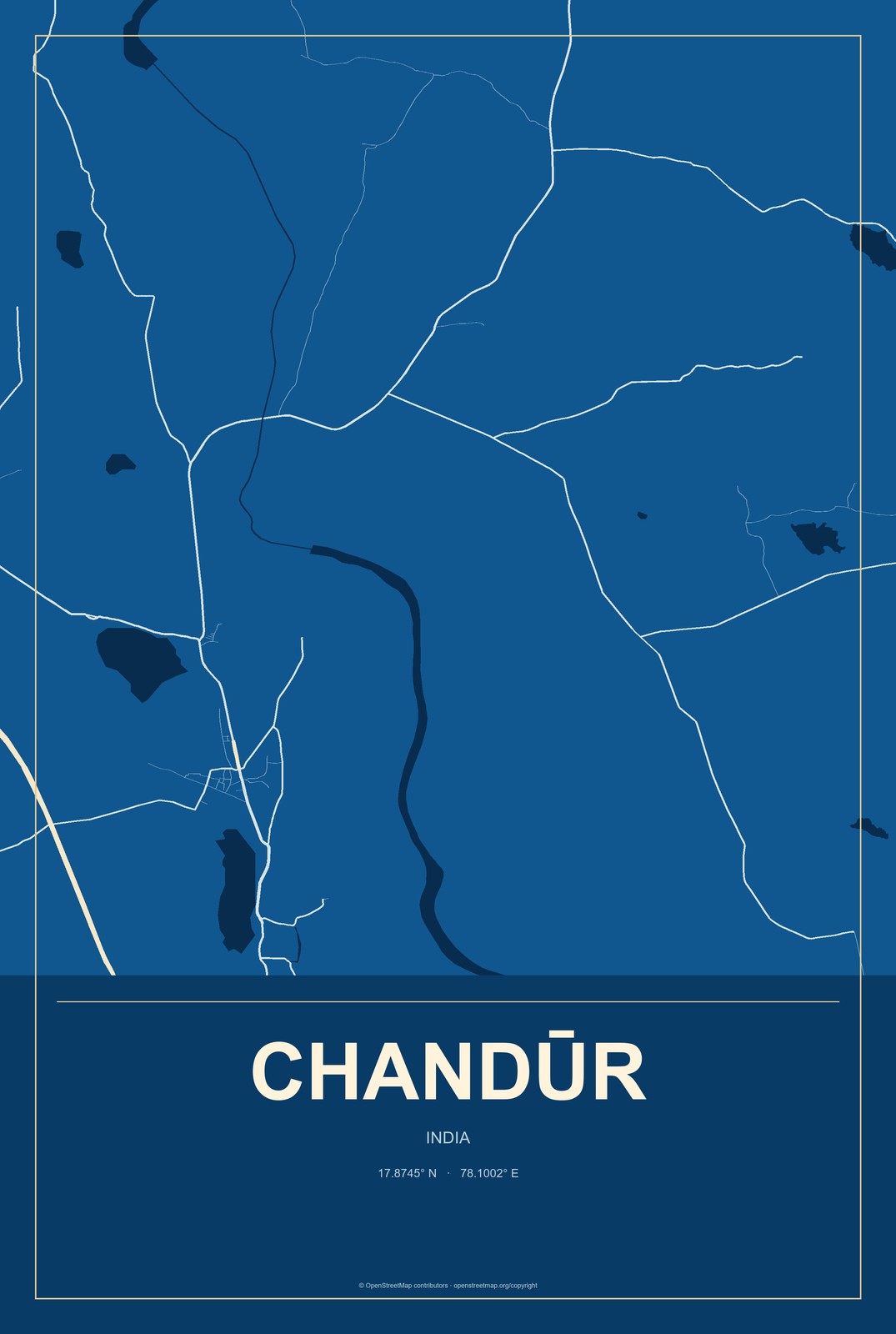 Chandūr, India City Map Aluminum Sign in Harbor Cobalt style