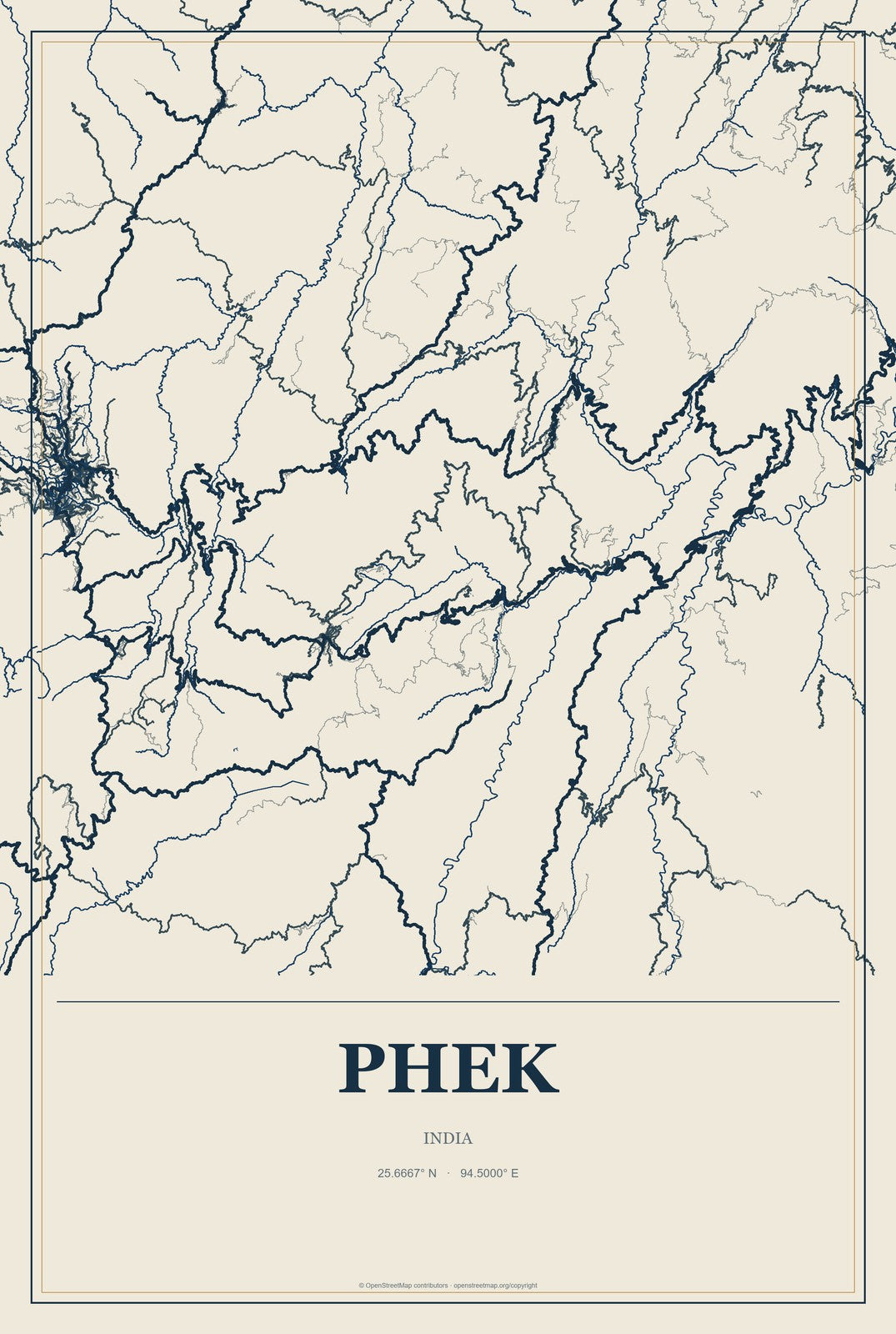 Phek, India City Map Aluminum Sign in Coastal Cutout style