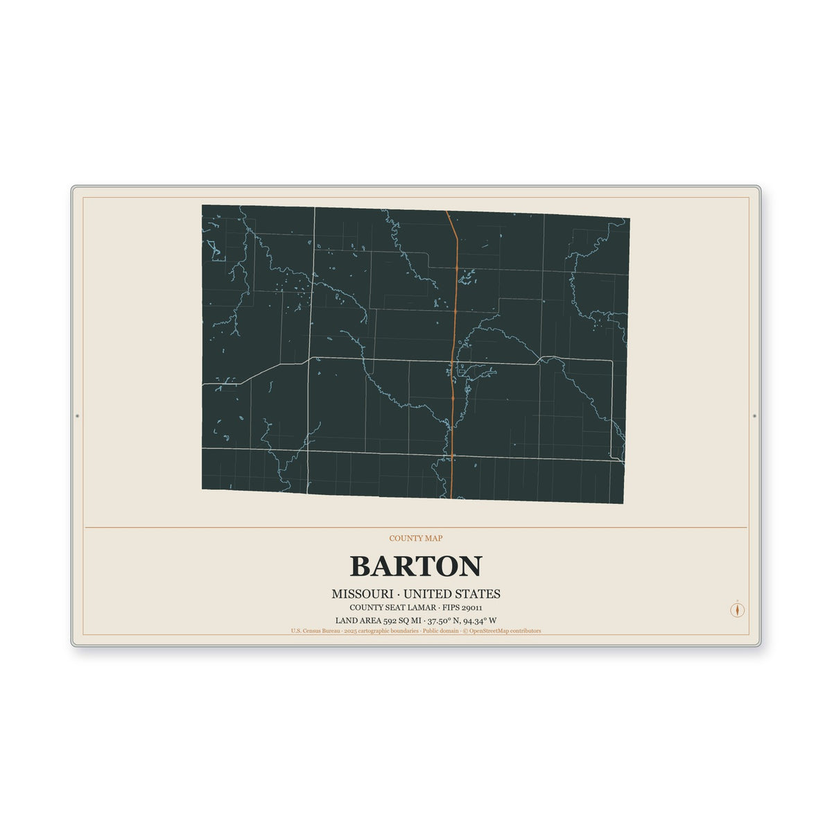 Barton County, Missouri Map Aluminum Sign in Headline Atlas style
