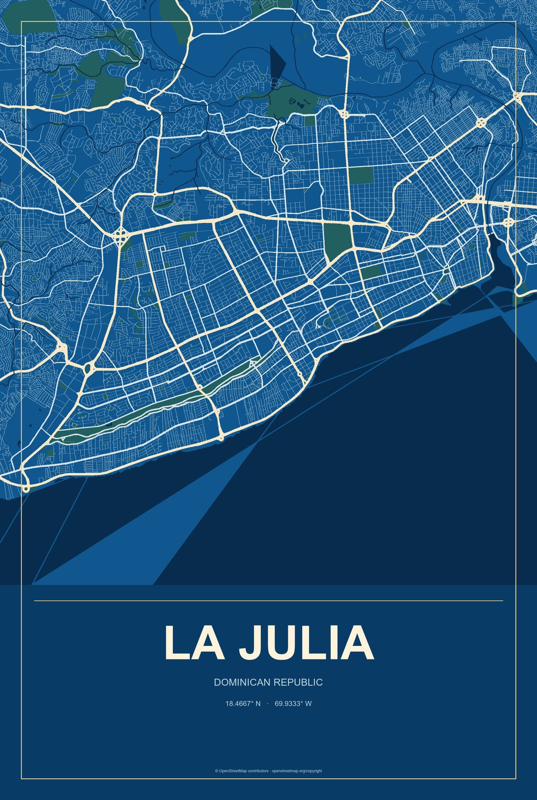 La Julia, Dominican Republic City Map Aluminum Sign in Harbor Cobalt style