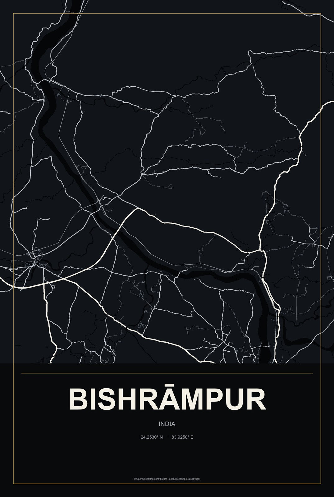 Bishrāmpur, India City Map Aluminum Sign in Metropolitan Noir style