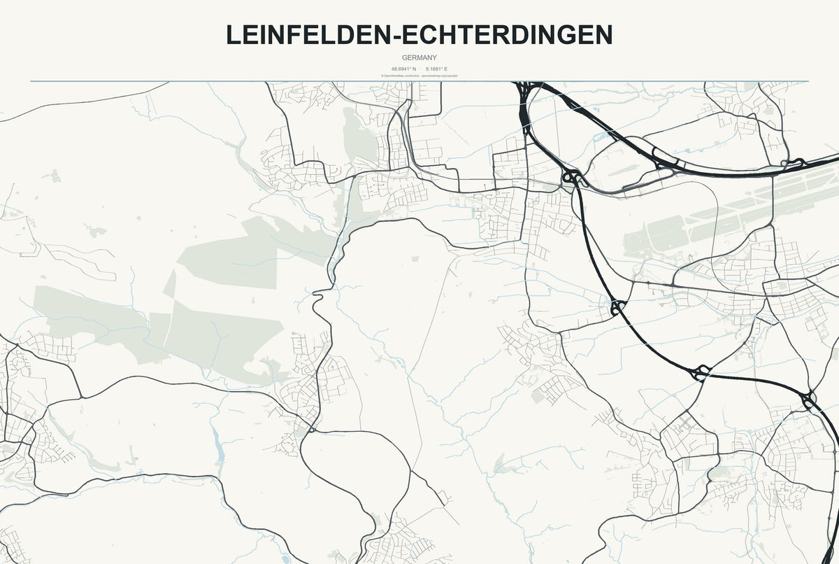 Leinfelden-Echterdingen, Germany City Map Aluminum Sign in Headline Atlas style