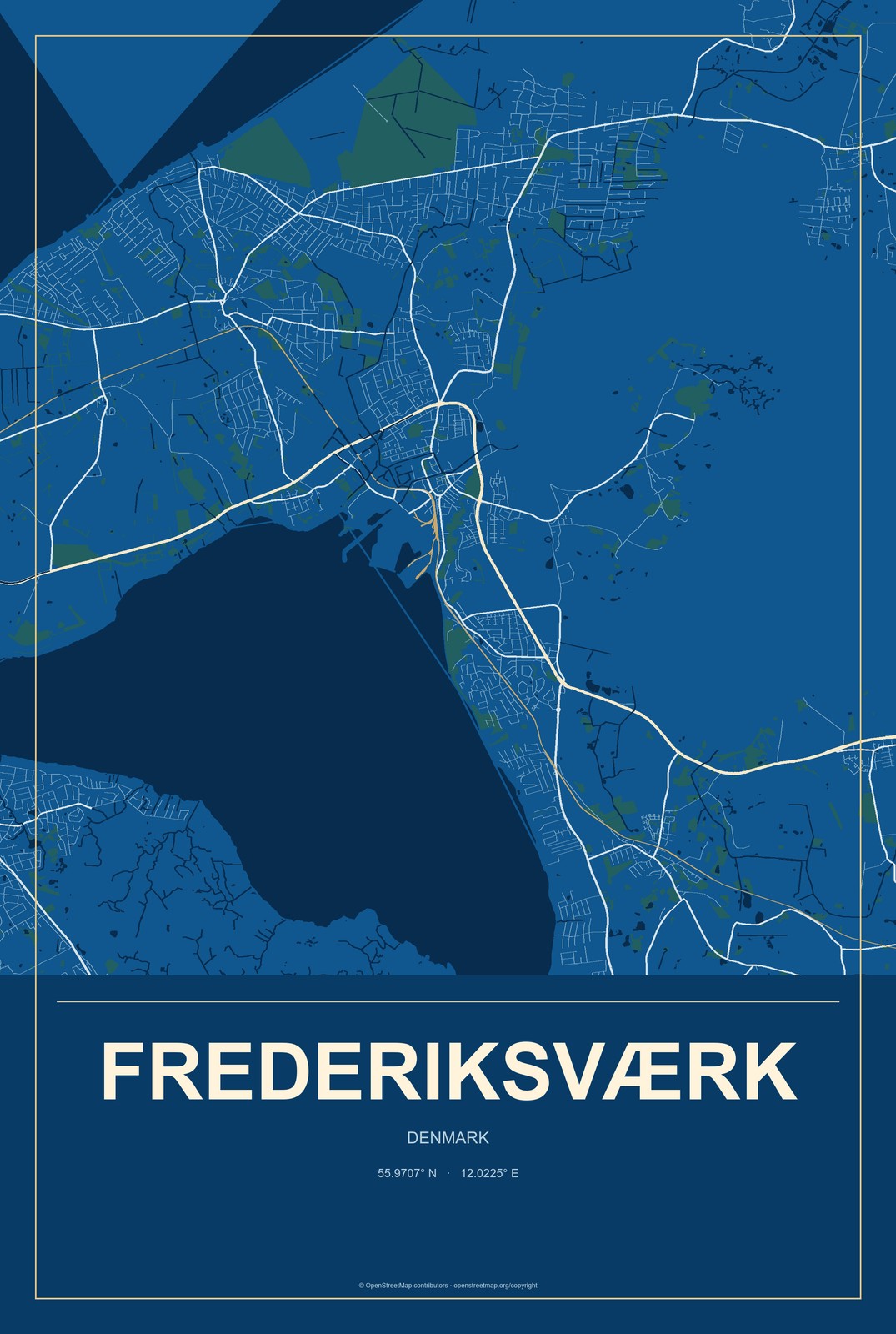 Frederiksværk, Denmark City Map Aluminum Sign in Harbor Cobalt style