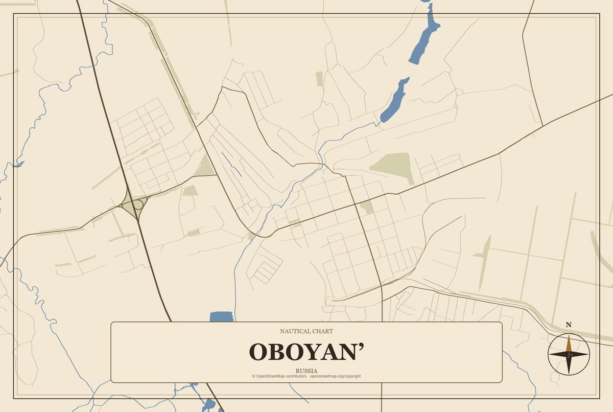 Oboyan’, Russia City Map Aluminum Sign in Heritage Nautical style