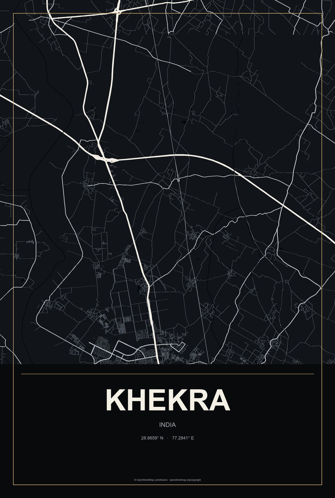 Khekra, India City Map Aluminum Sign in Metropolitan Noir style