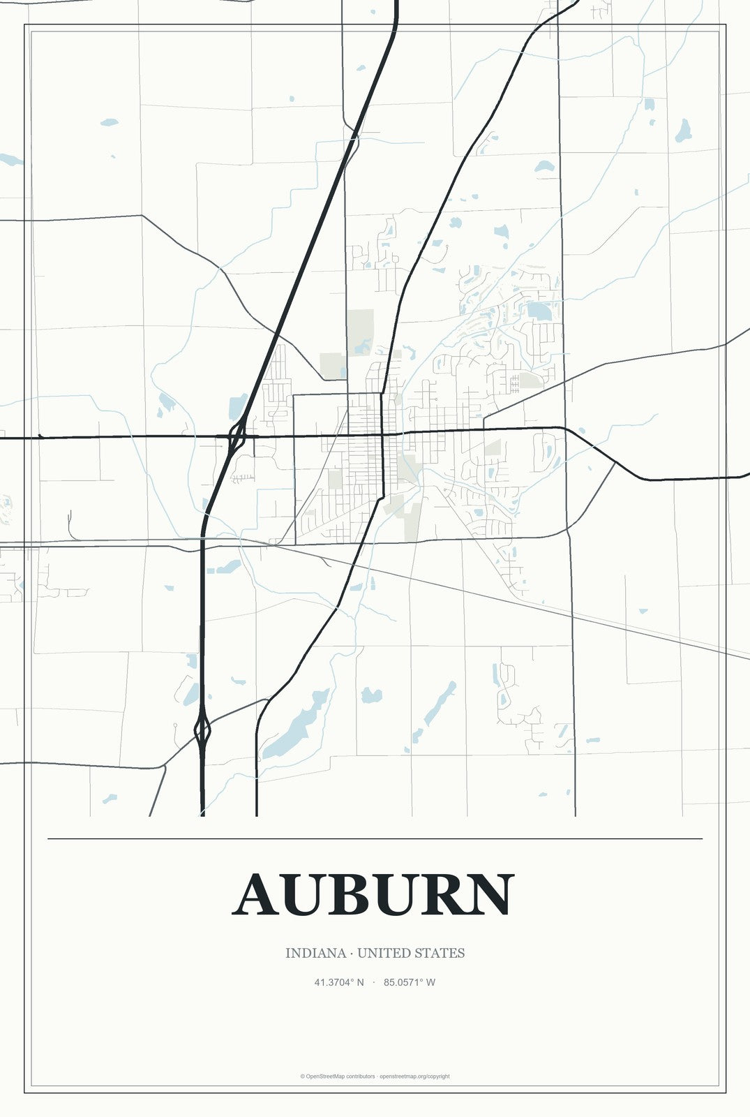 Auburn, Indiana City Map Aluminum Sign in Gallery Air style