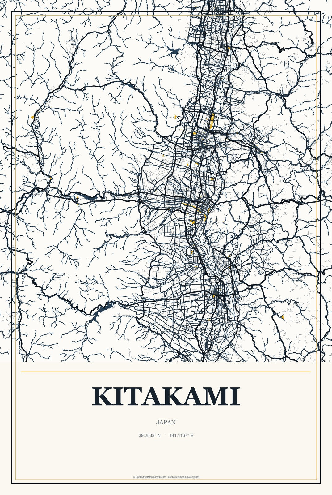 Kitakami, Japan City Map Aluminum Sign in Citrine Modern style