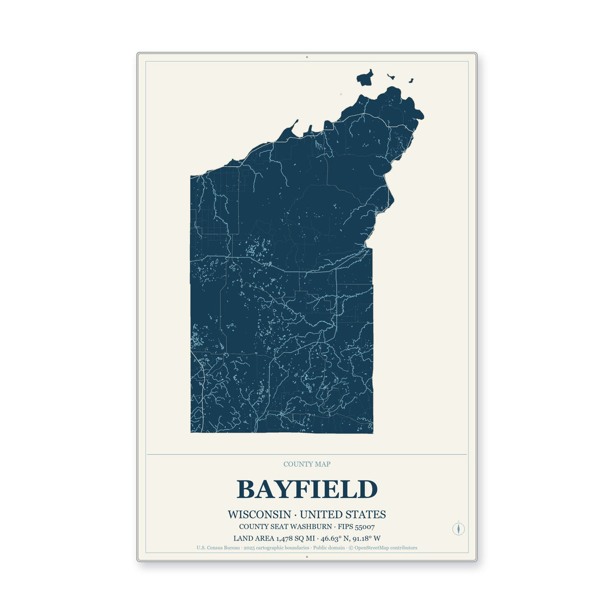 Bayfield County, Wisconsin Map Aluminum Sign in Coastal Cutout style