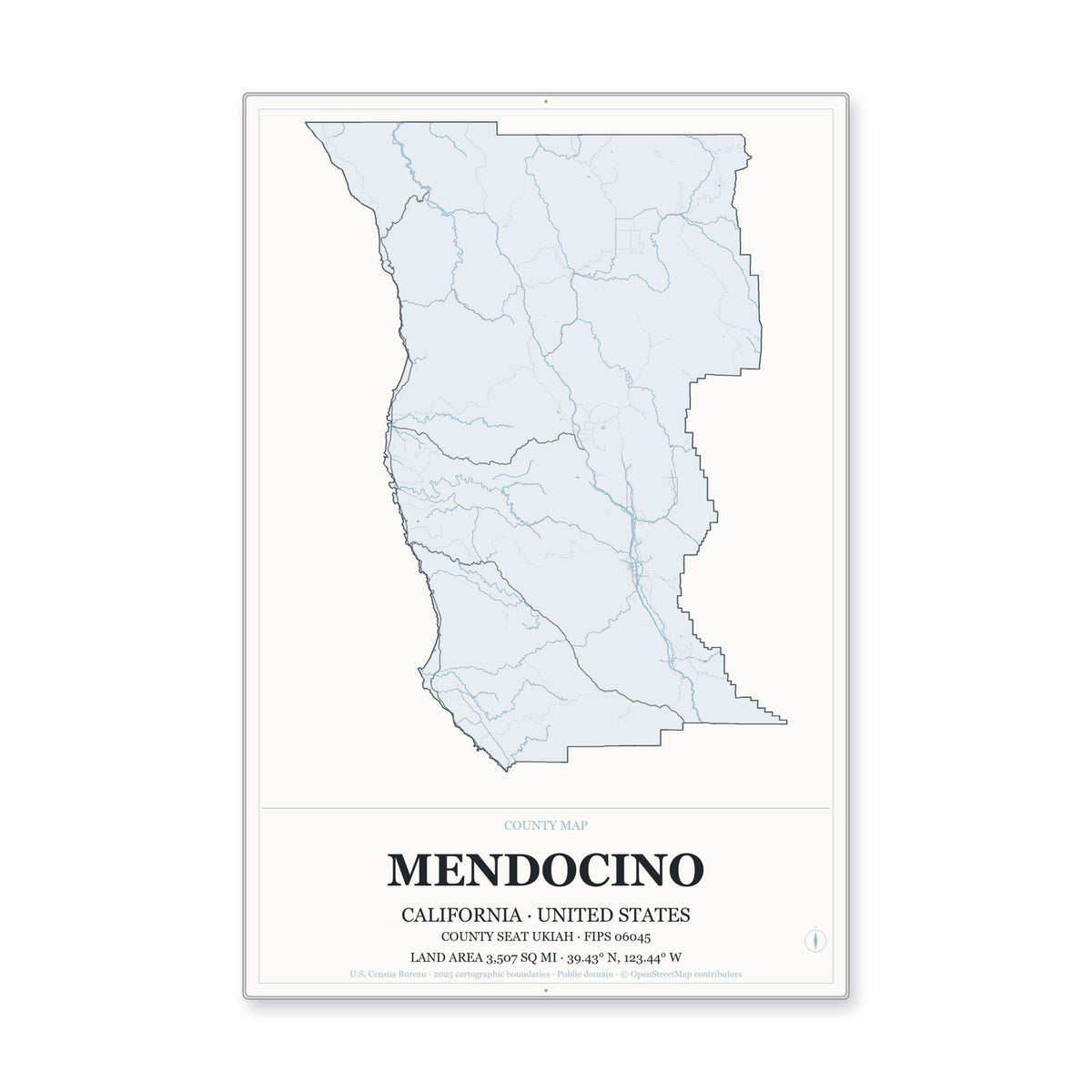 Mendocino County, California Map Aluminum Sign in Gallery Air style