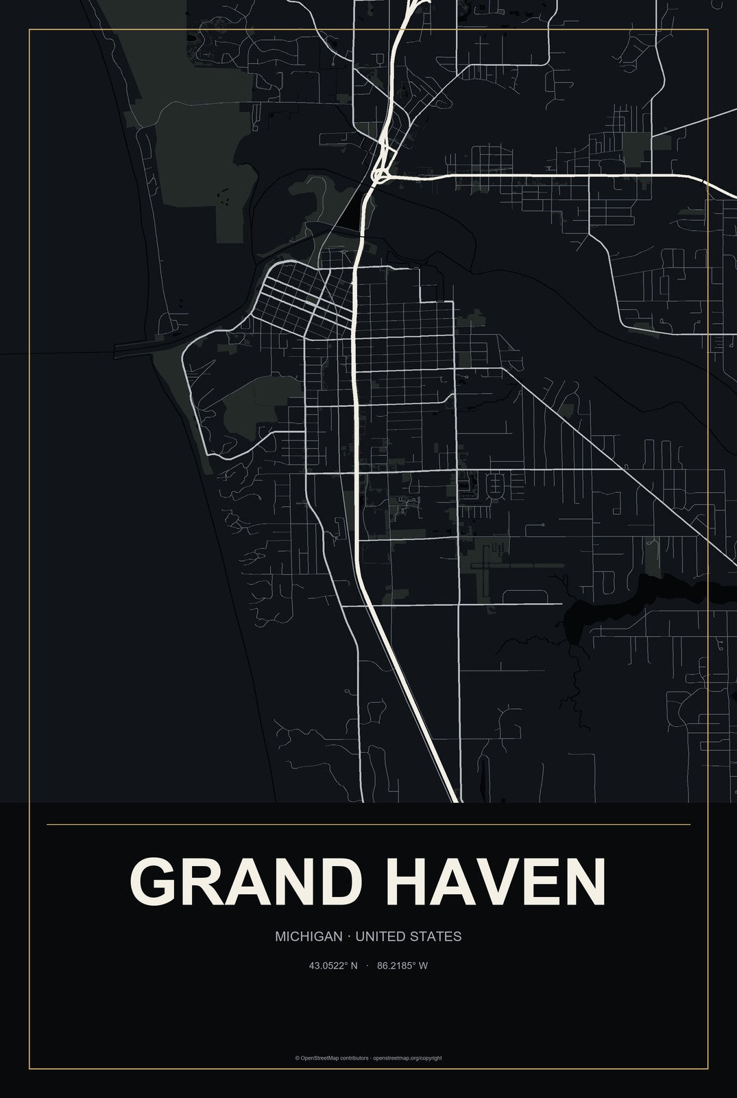 Grand Haven, Michigan City Map Aluminum Sign in Metropolitan Noir style