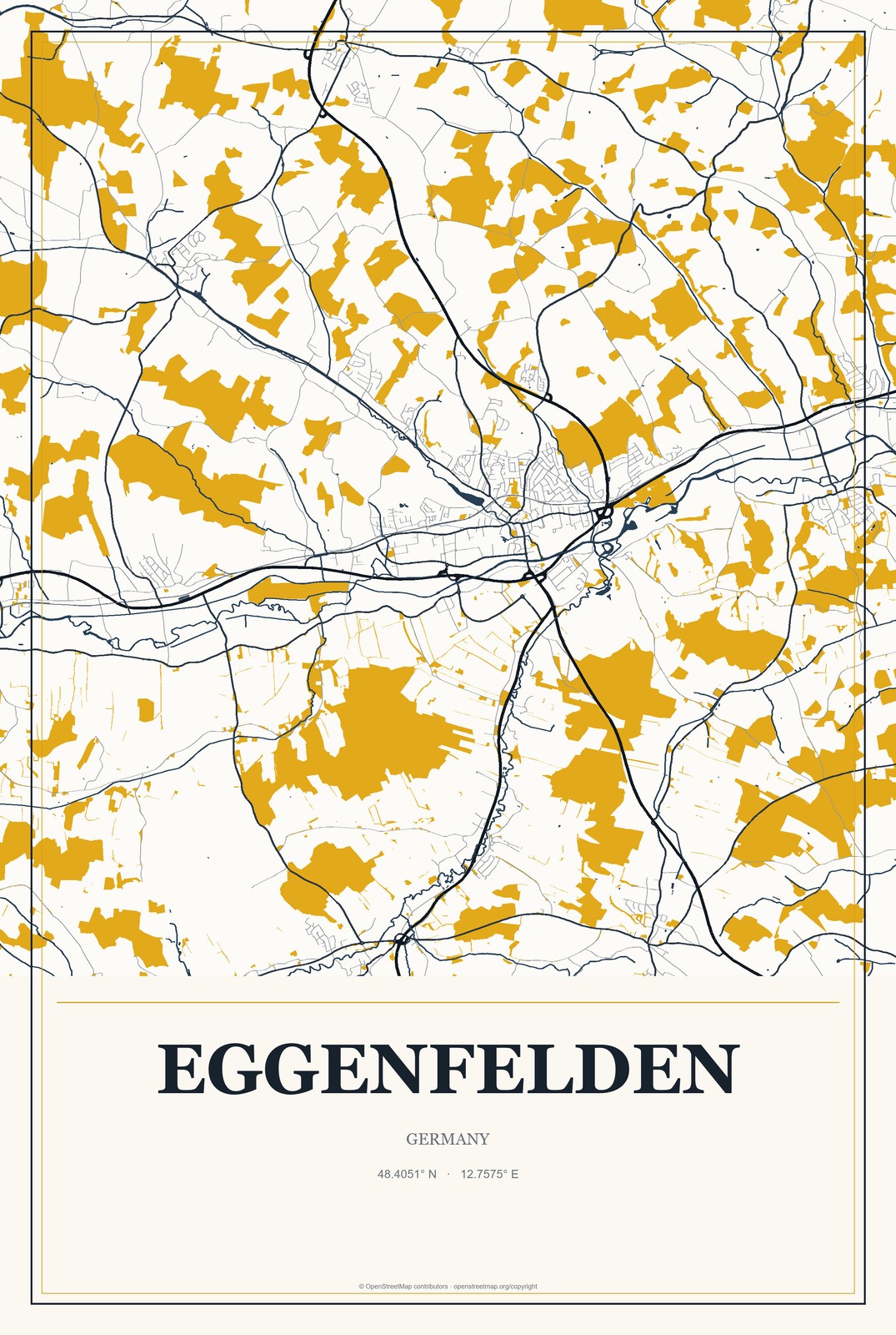 Eggenfelden, Germany City Map Aluminum Sign in Citrine Modern style