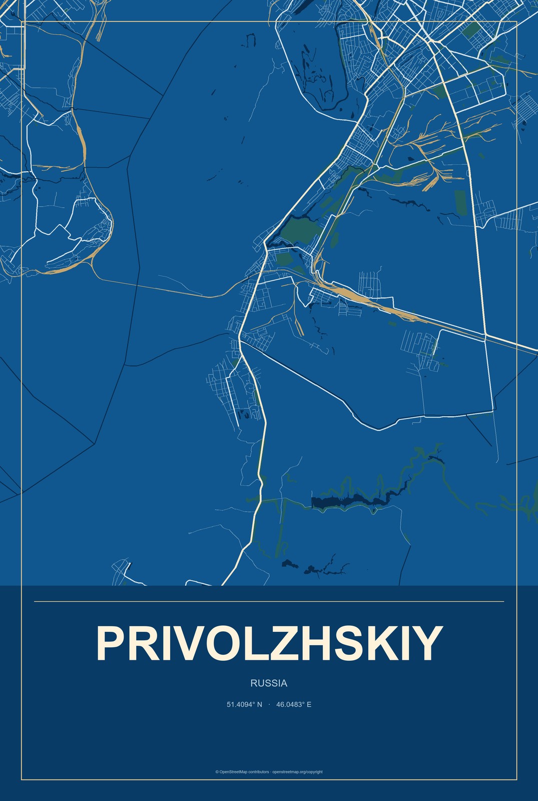 Privolzhskiy, Russia City Map Aluminum Sign in Harbor Cobalt style