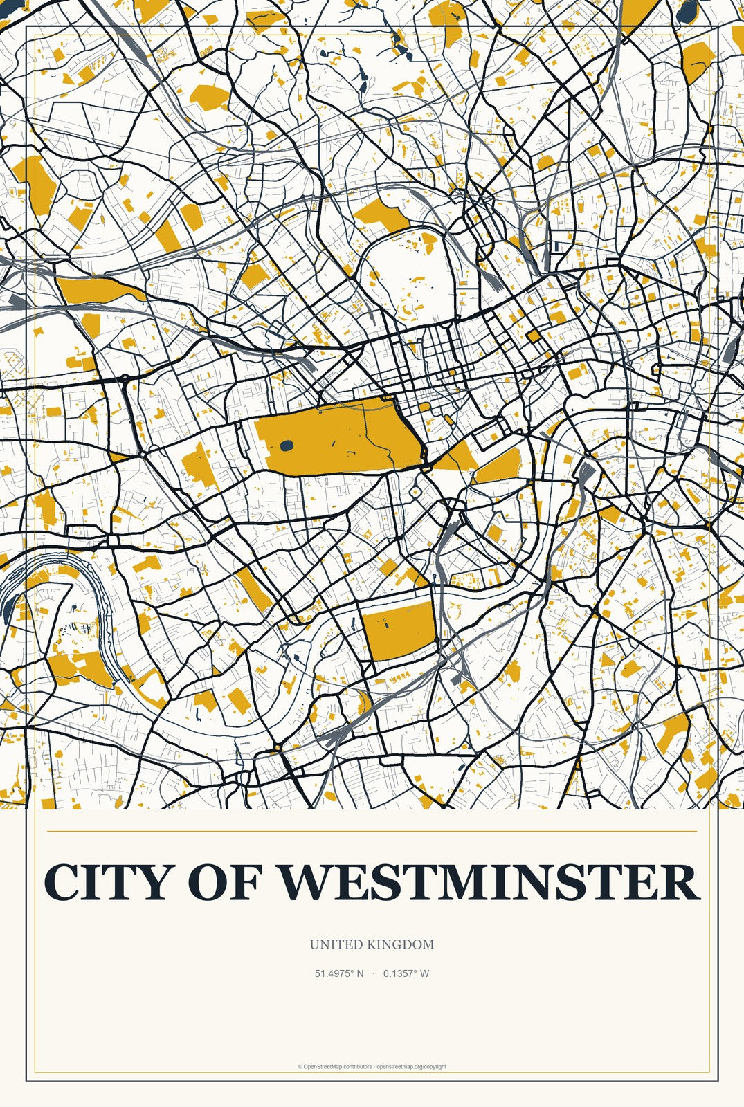 City of Westminster, United Kingdom City Map Aluminum Sign in Citrine Modern style
