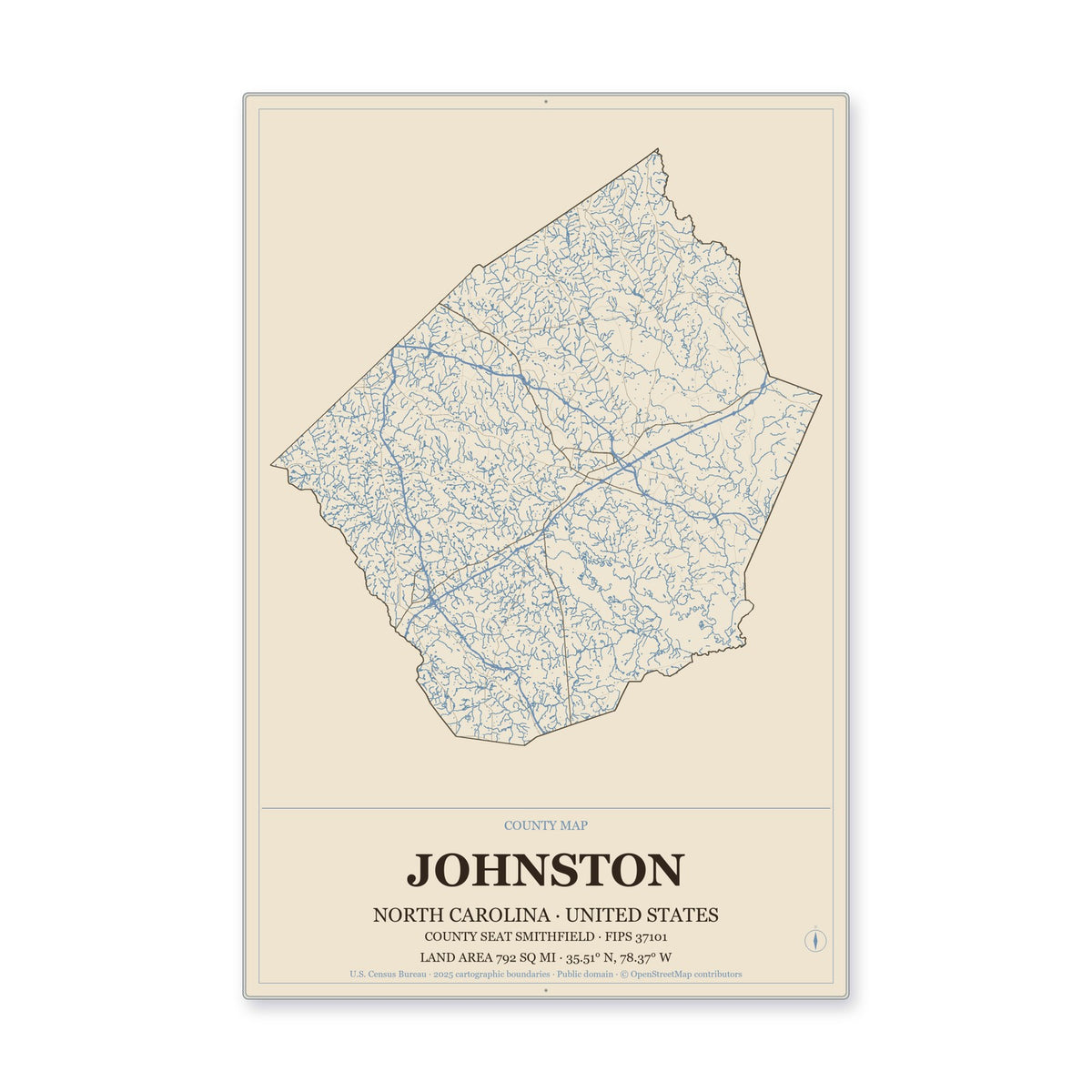 Johnston County, North Carolina Map Aluminum Sign in Heritage Nautical style