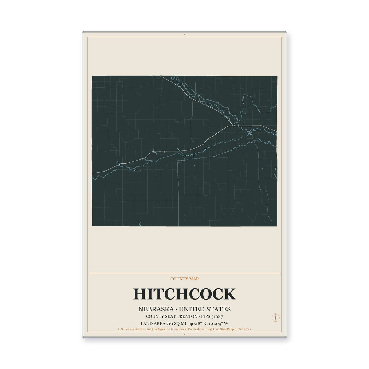 Hitchcock County, Nebraska Map Aluminum Sign in Headline Atlas style