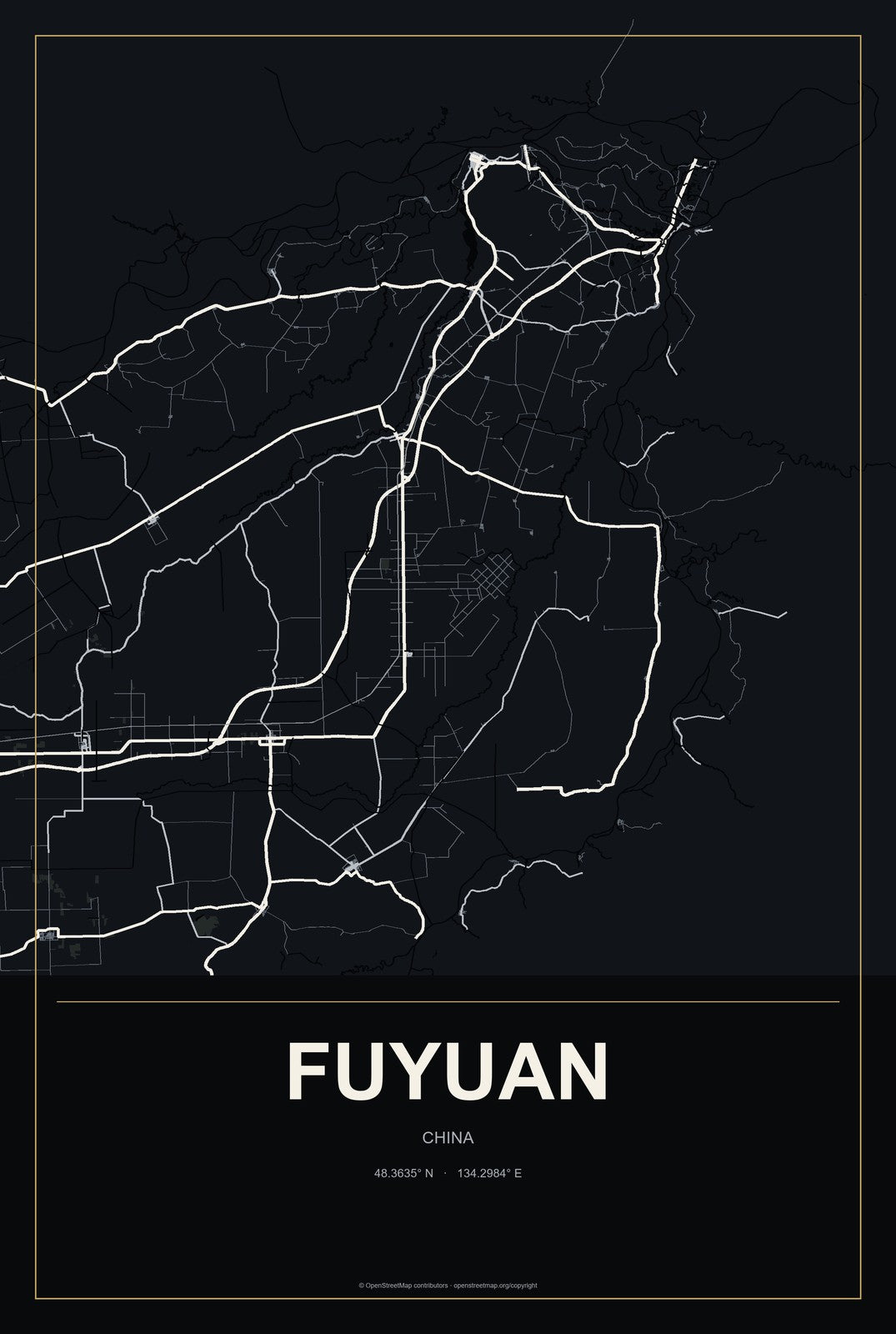 Fuyuan, China City Map Aluminum Sign in Metropolitan Noir style