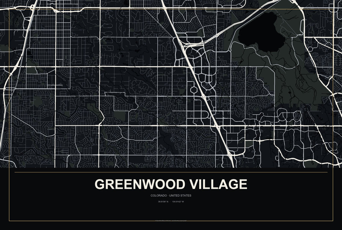 Greenwood Village, Colorado City Map Aluminum Sign in Metropolitan Noir style