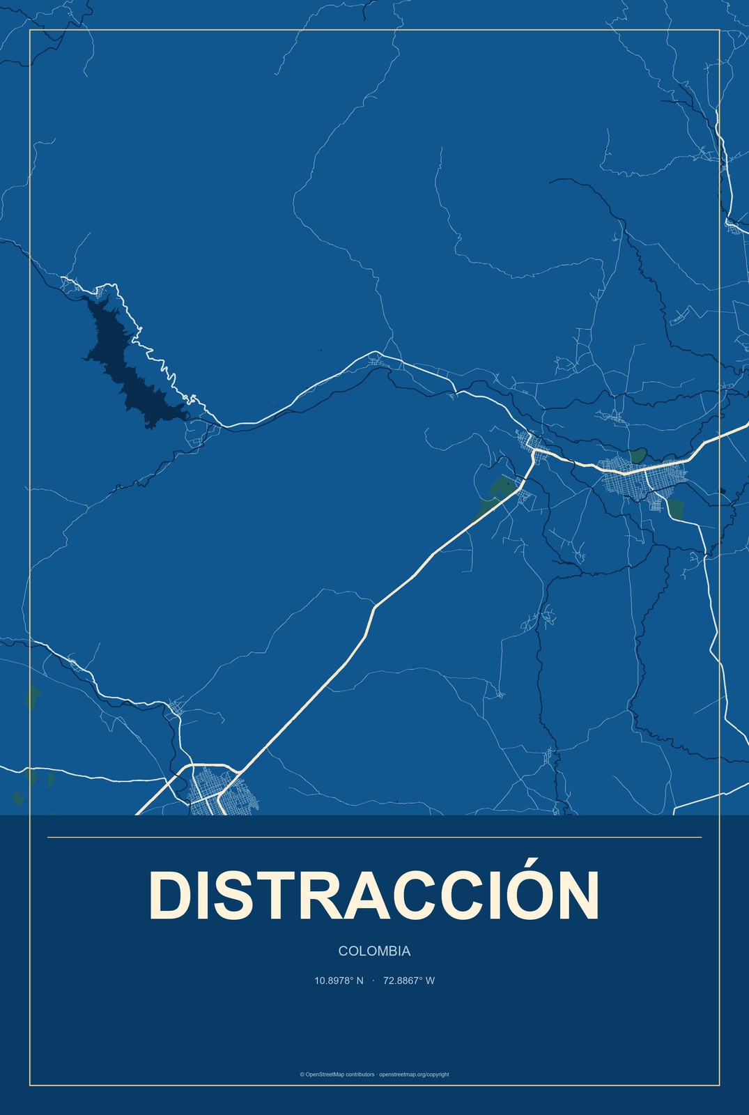 Distracción, Colombia City Map Aluminum Sign in Harbor Cobalt style