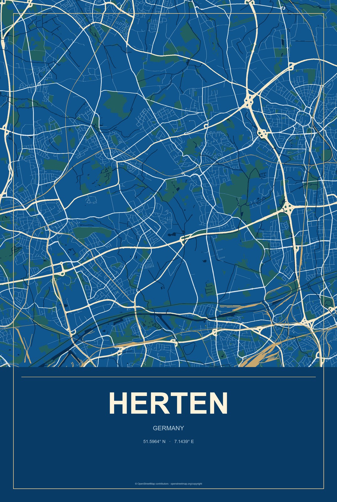 Herten, Germany City Map Aluminum Sign in Harbor Cobalt style