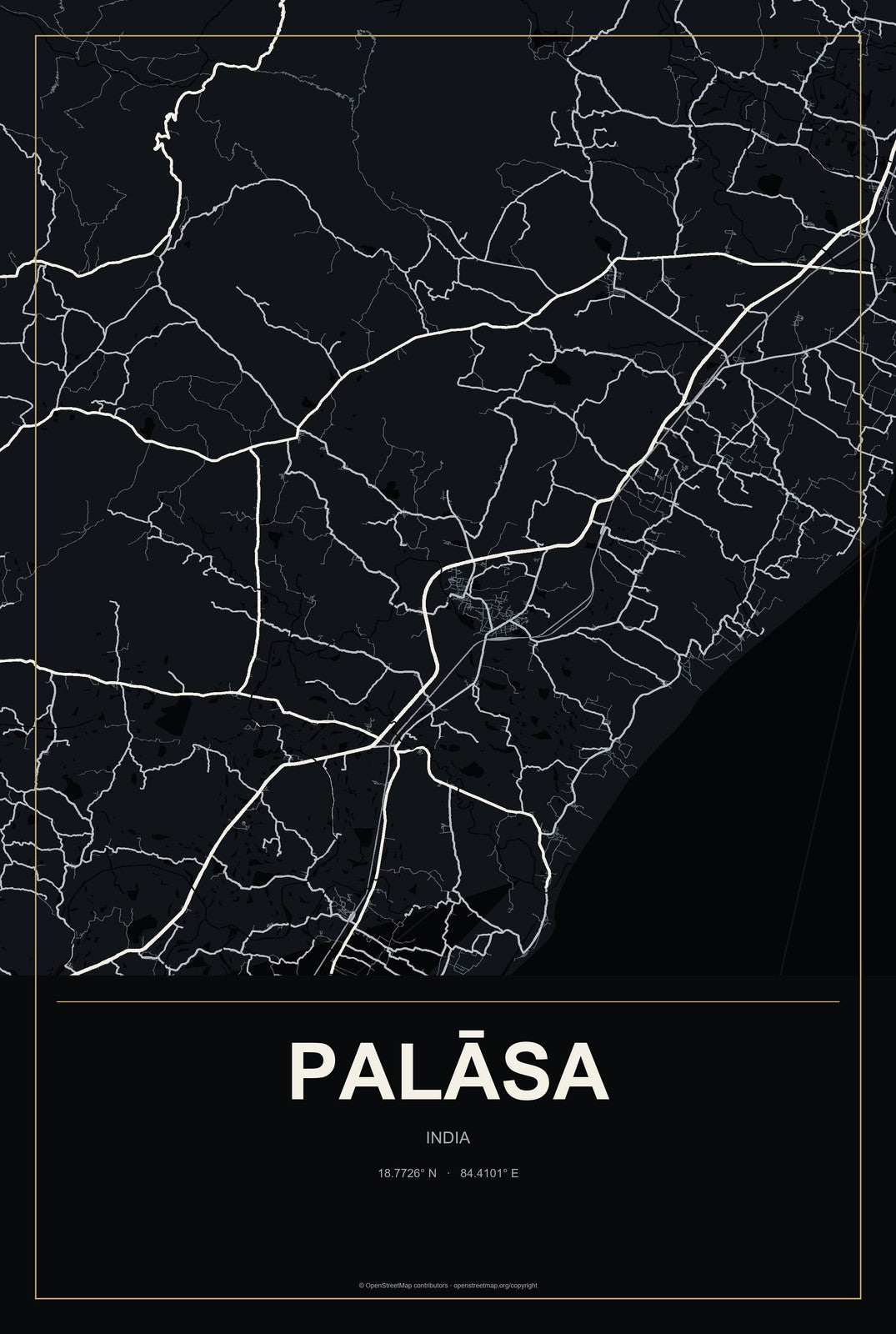 Palāsa, India City Map Aluminum Sign in Metropolitan Noir style
