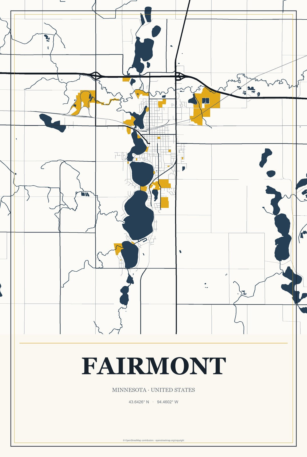 Fairmont, Minnesota City Map Aluminum Sign in Citrine Modern style