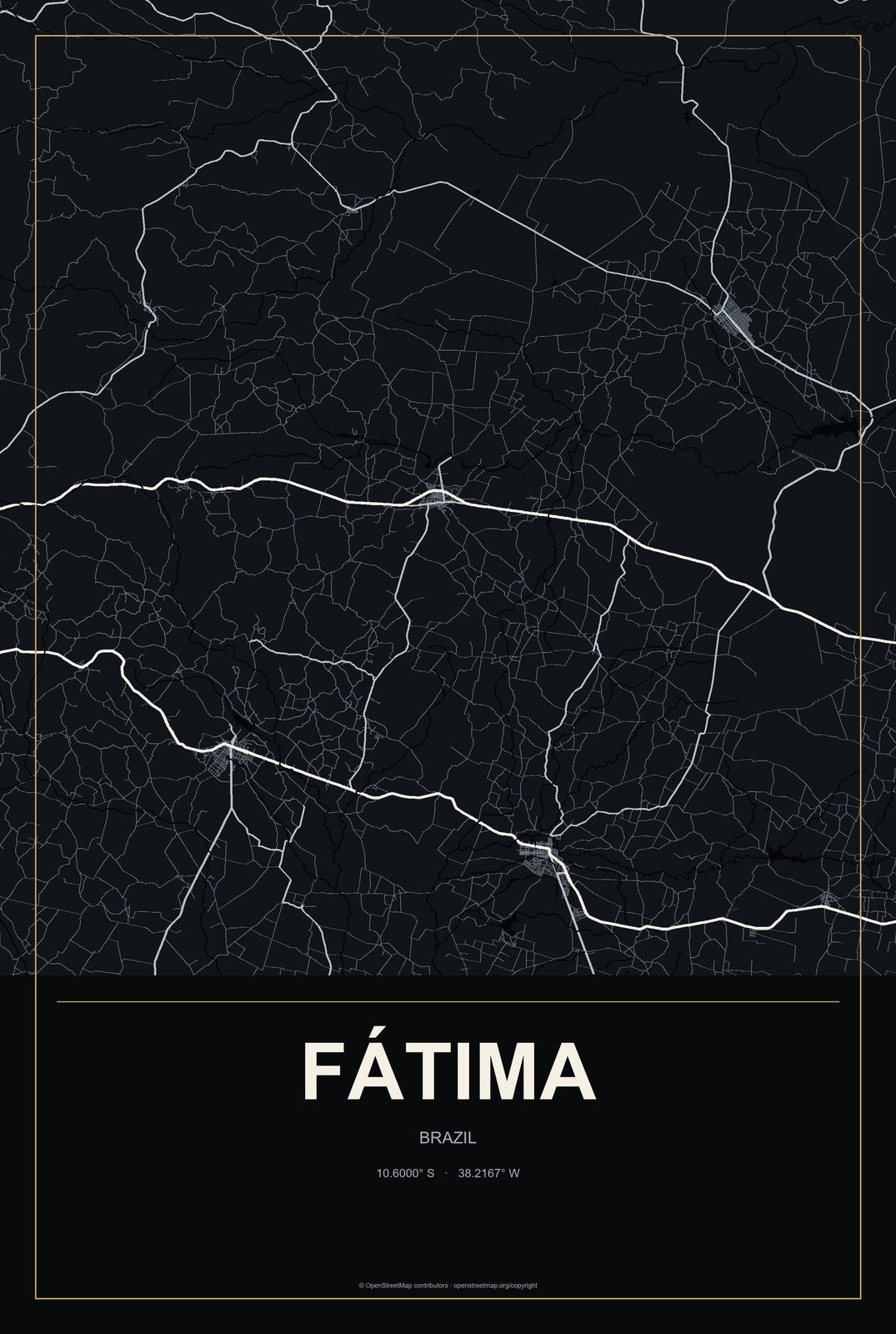 Fátima, Brazil City Map Aluminum Sign in Metropolitan Noir style