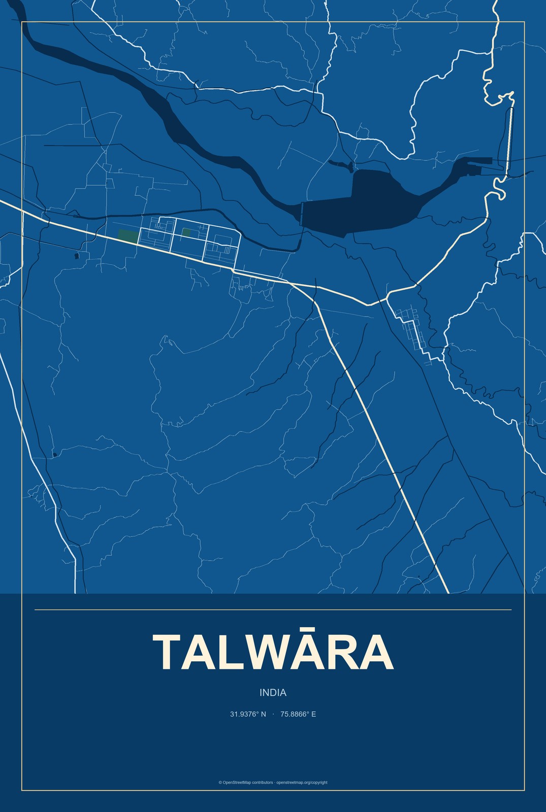 Talwāra, India City Map Aluminum Sign in Harbor Cobalt style