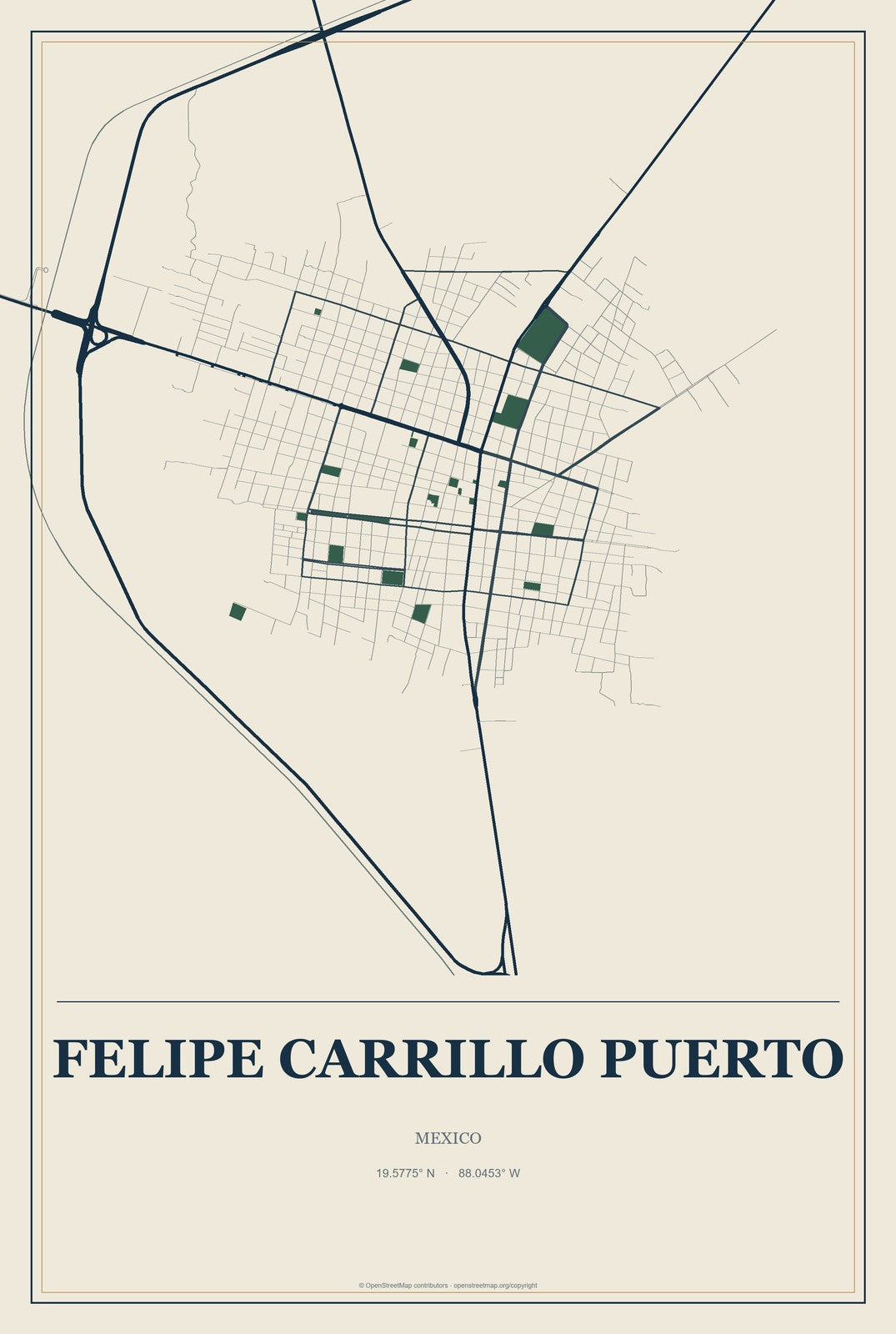 Felipe Carrillo Puerto, Quintana Roo, Mexico City Map Aluminum Sign in Coastal Cutout style