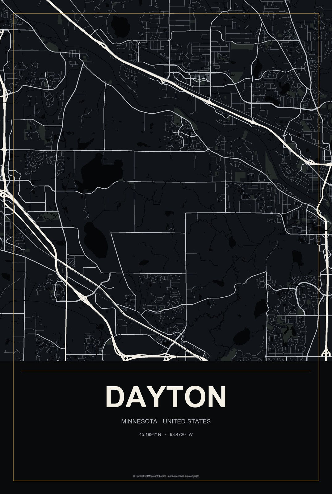Dayton, Minnesota City Map Aluminum Sign in Metropolitan Noir style