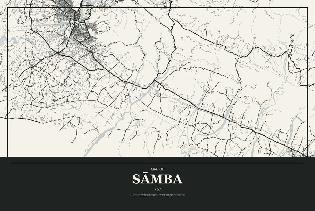 Sāmba, India City Map Aluminum Sign in Museum Plaque style