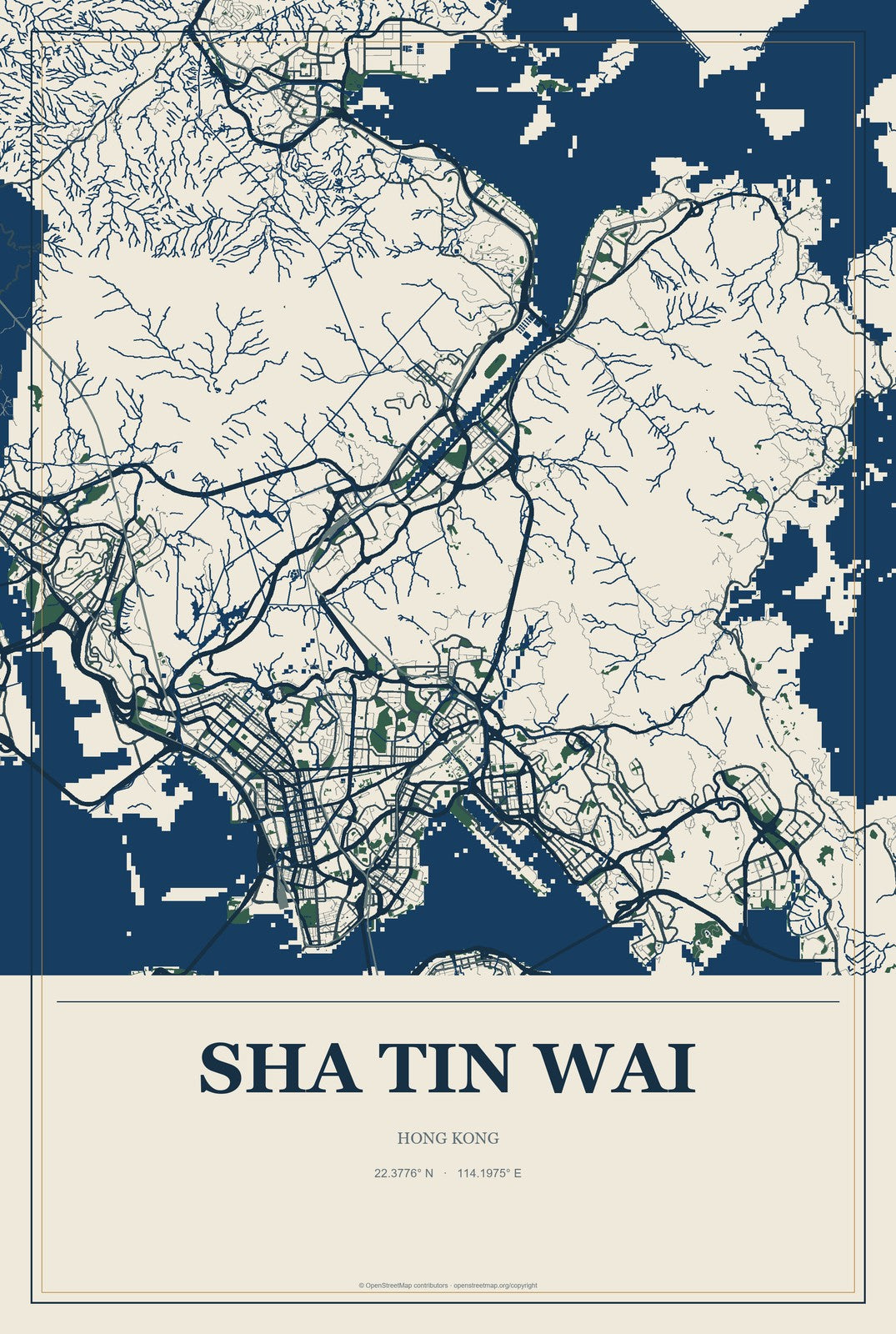 Sha Tin Wai, Hong Kong City Map Aluminum Sign in Coastal Cutout style