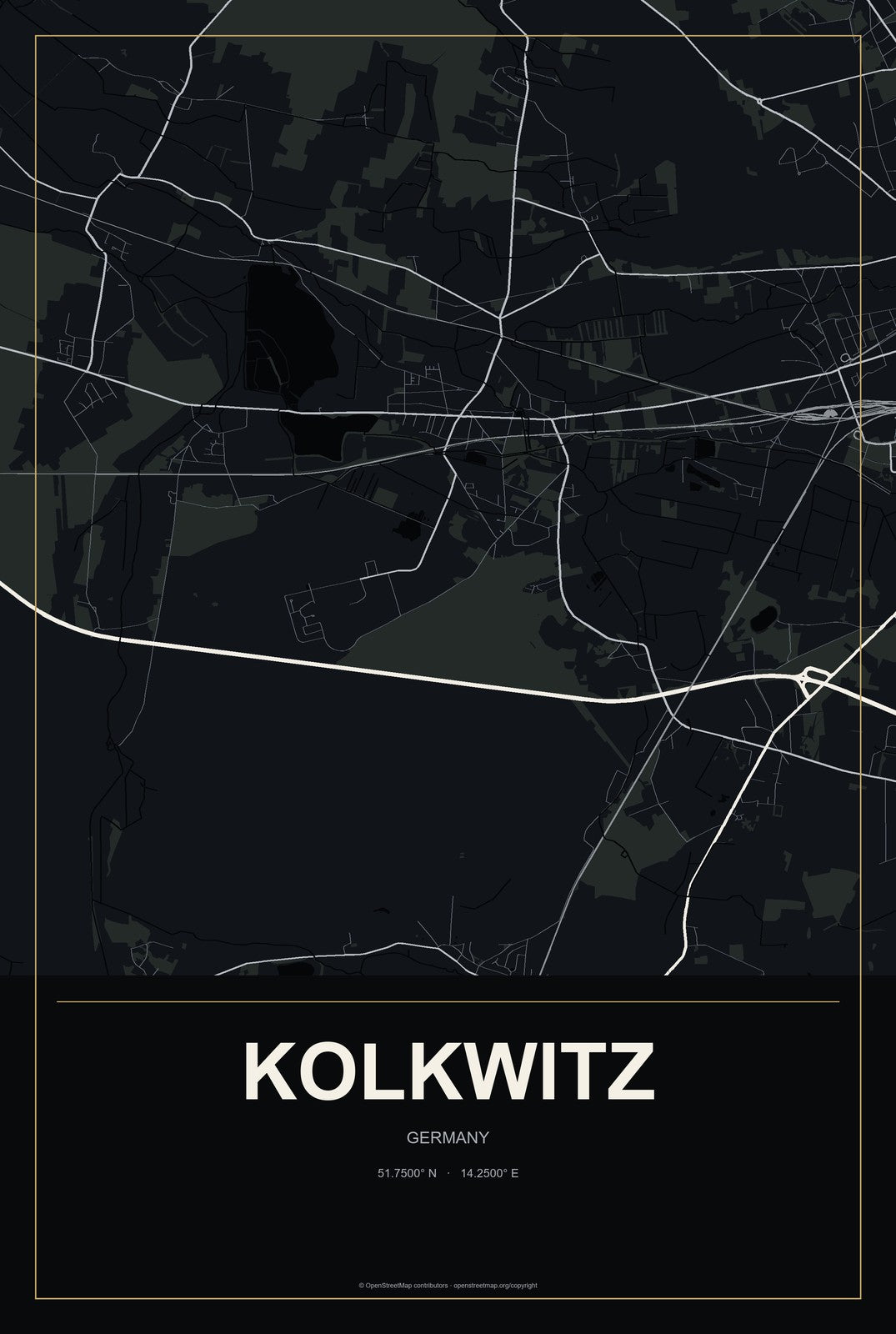 Kolkwitz, Germany City Map Aluminum Sign in Metropolitan Noir style