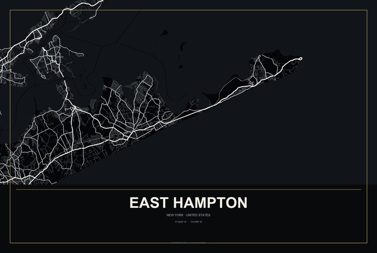 East Hampton, New York City Map Aluminum Sign in Metropolitan Noir style