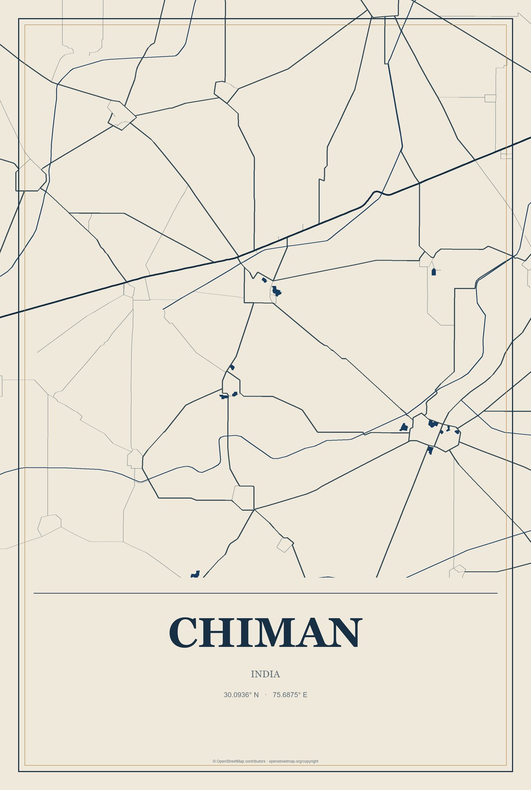 Chiman, India City Map Aluminum Sign in Coastal Cutout style